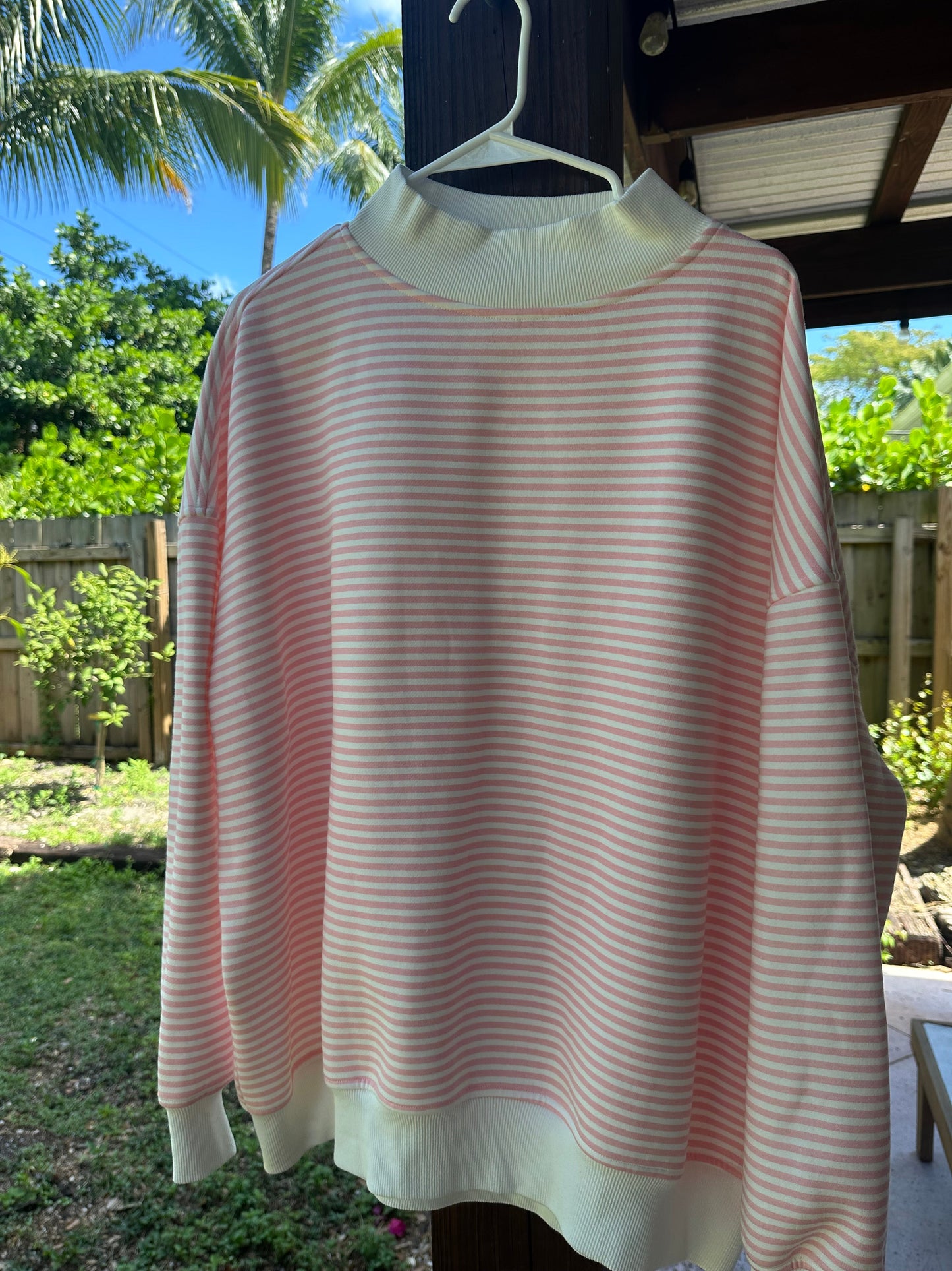 Light Pink and White Big Striped Mockneck Sweatshirt