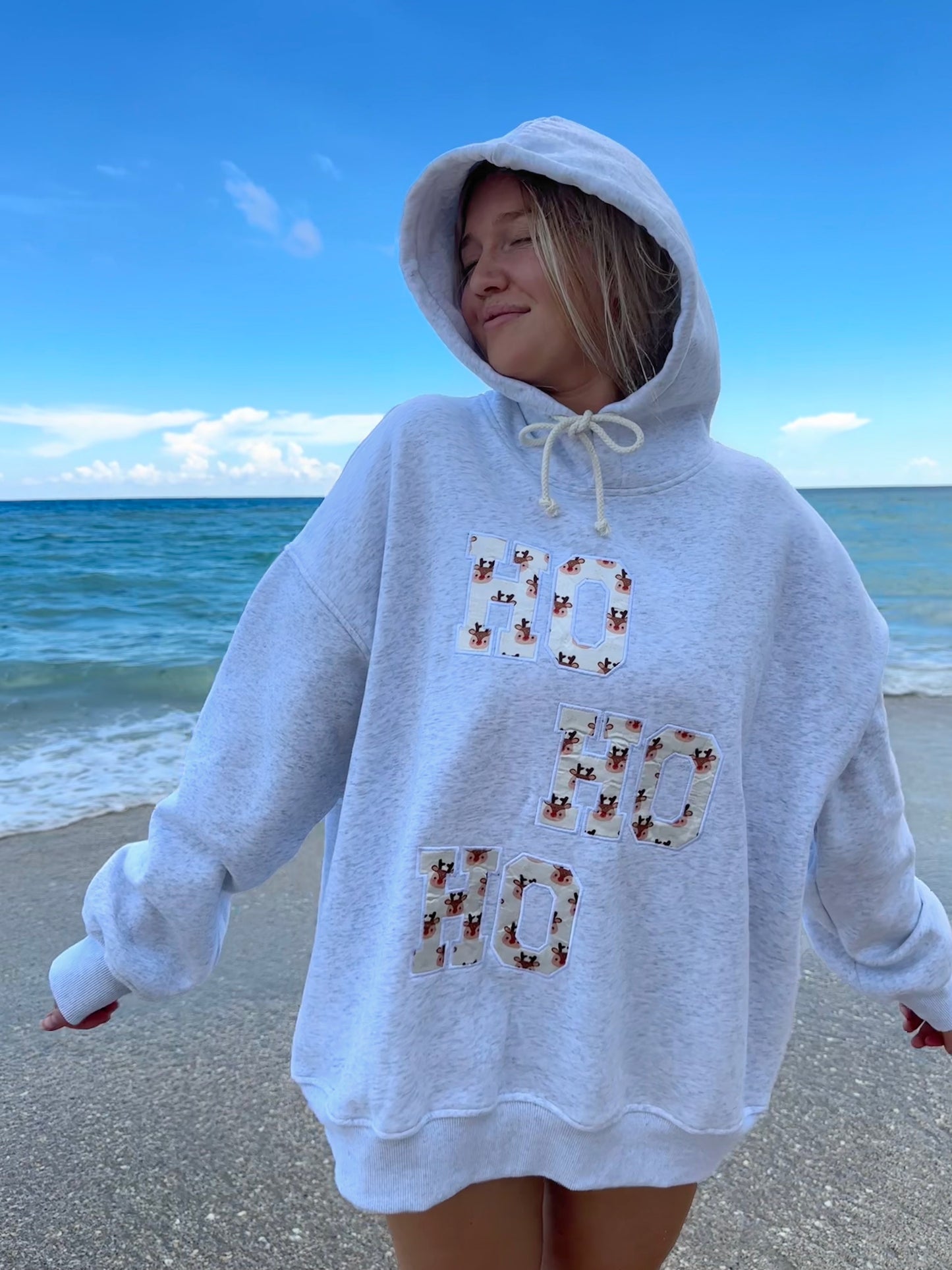 HO HO HO REINDEER CHRISTMAS EMBROIDER HOODIE