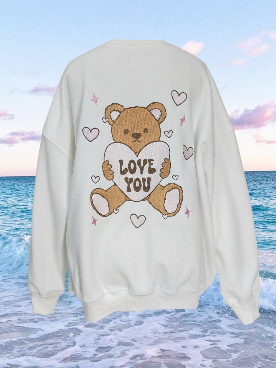 Ivory Teddy Bear Embroider Valentines Day Sweatshirt