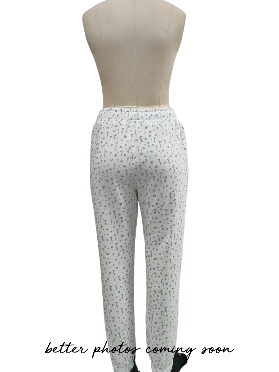 White Ditsy Blue Floral Joggers