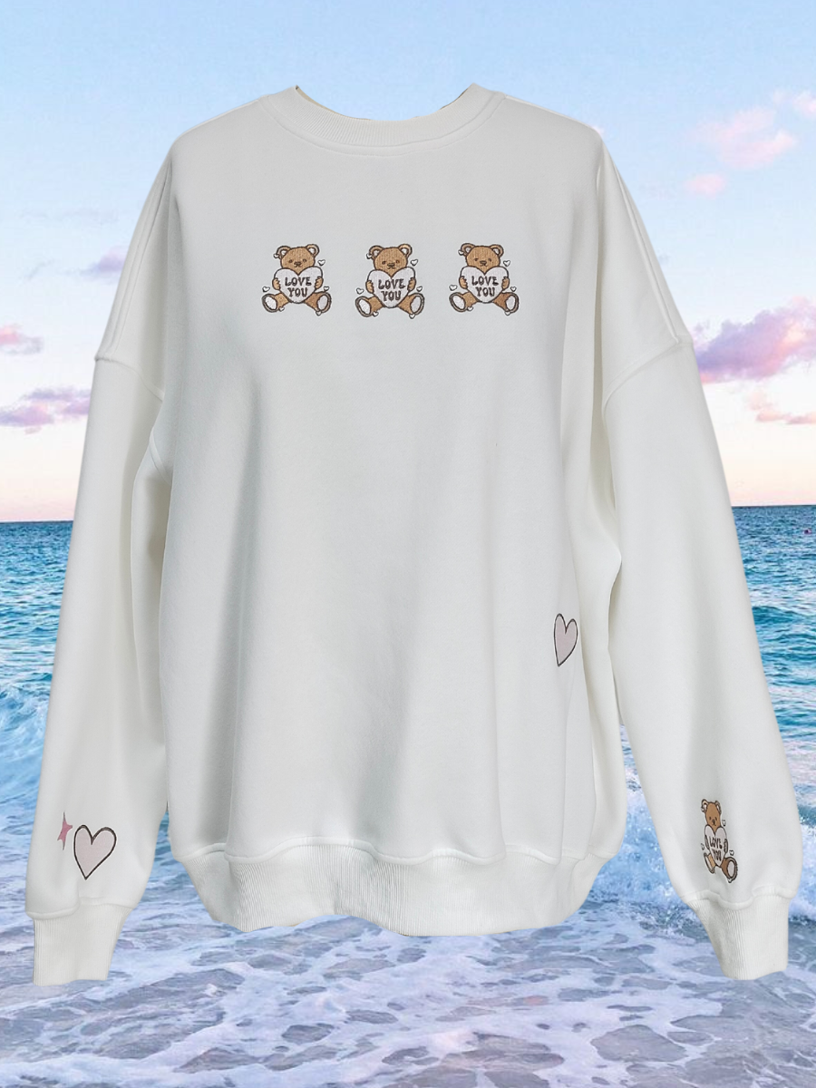 Ivory Teddy Bear Embroider Valentines Day Sweatshirt