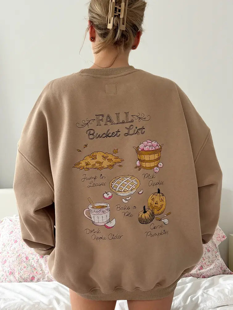 Cappuccino Autumn Fall Bucket List Embroidered Sweatshirt