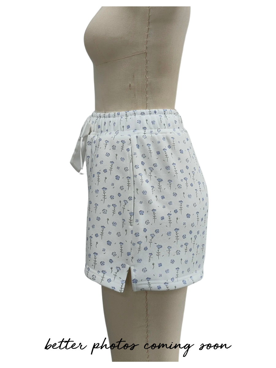 White Ditsy Blue Floral Sweat Shorts