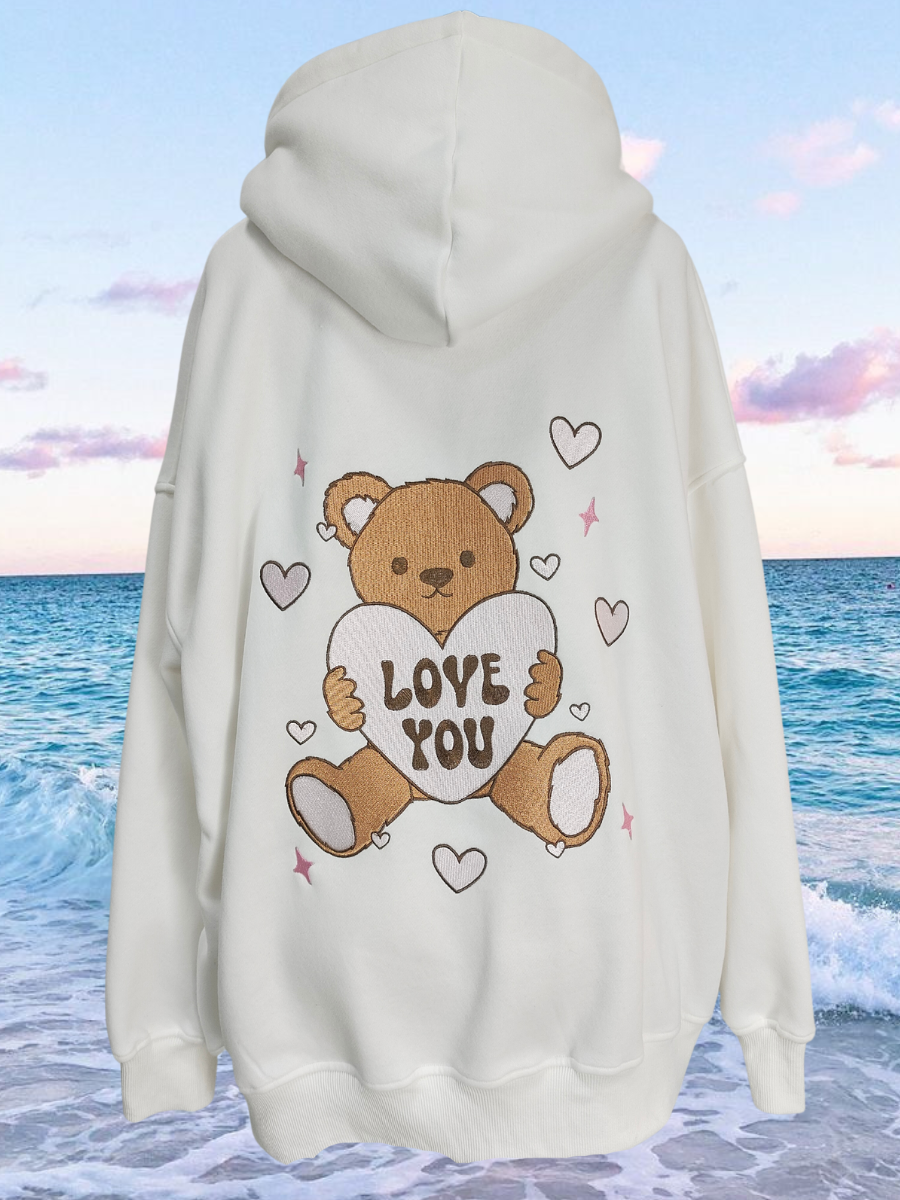 Ivory Teddy Bear Embroider Valentines Day Hoodie