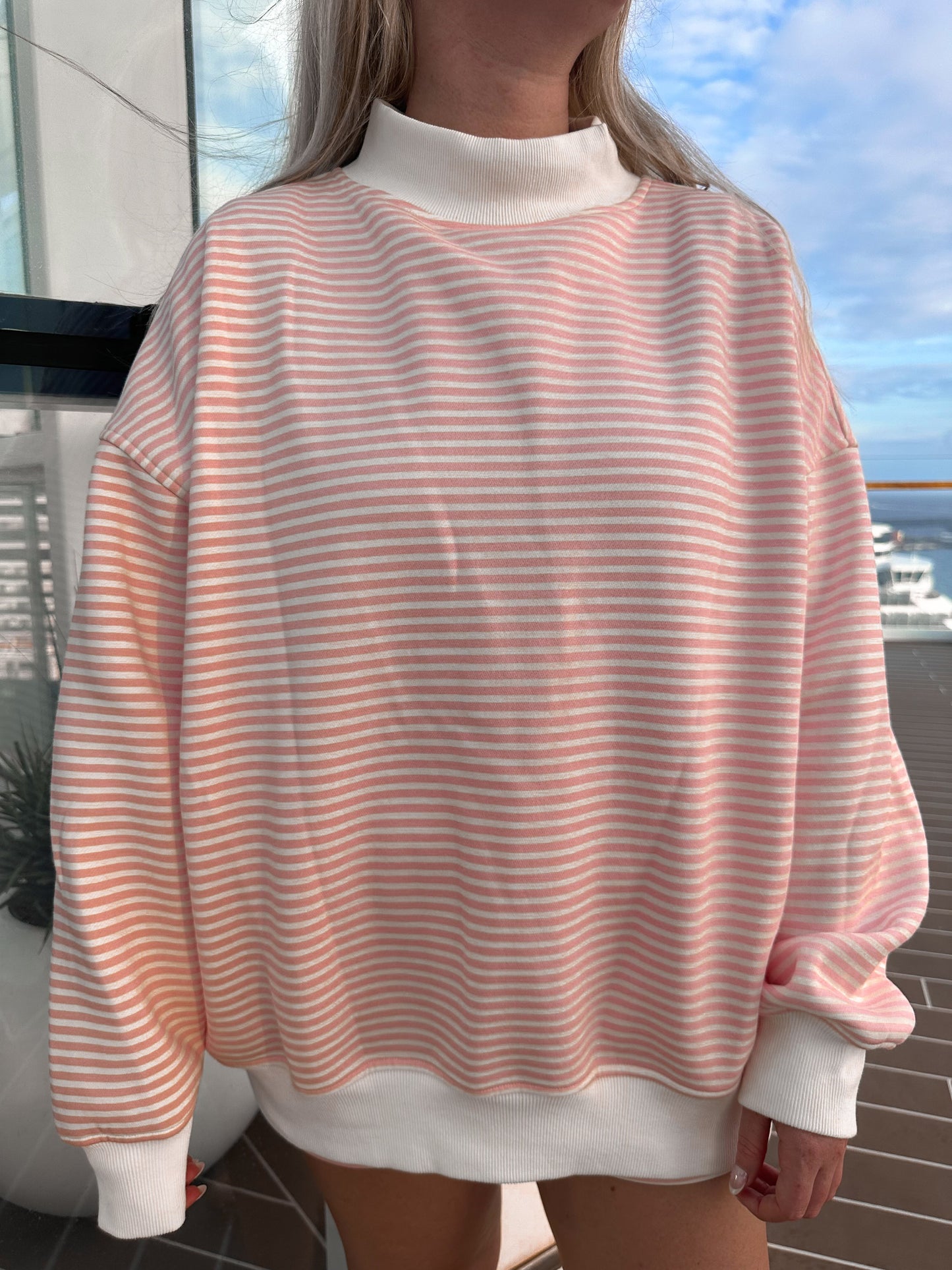 Light Pink and White Big Striped Mockneck Sweatshirt