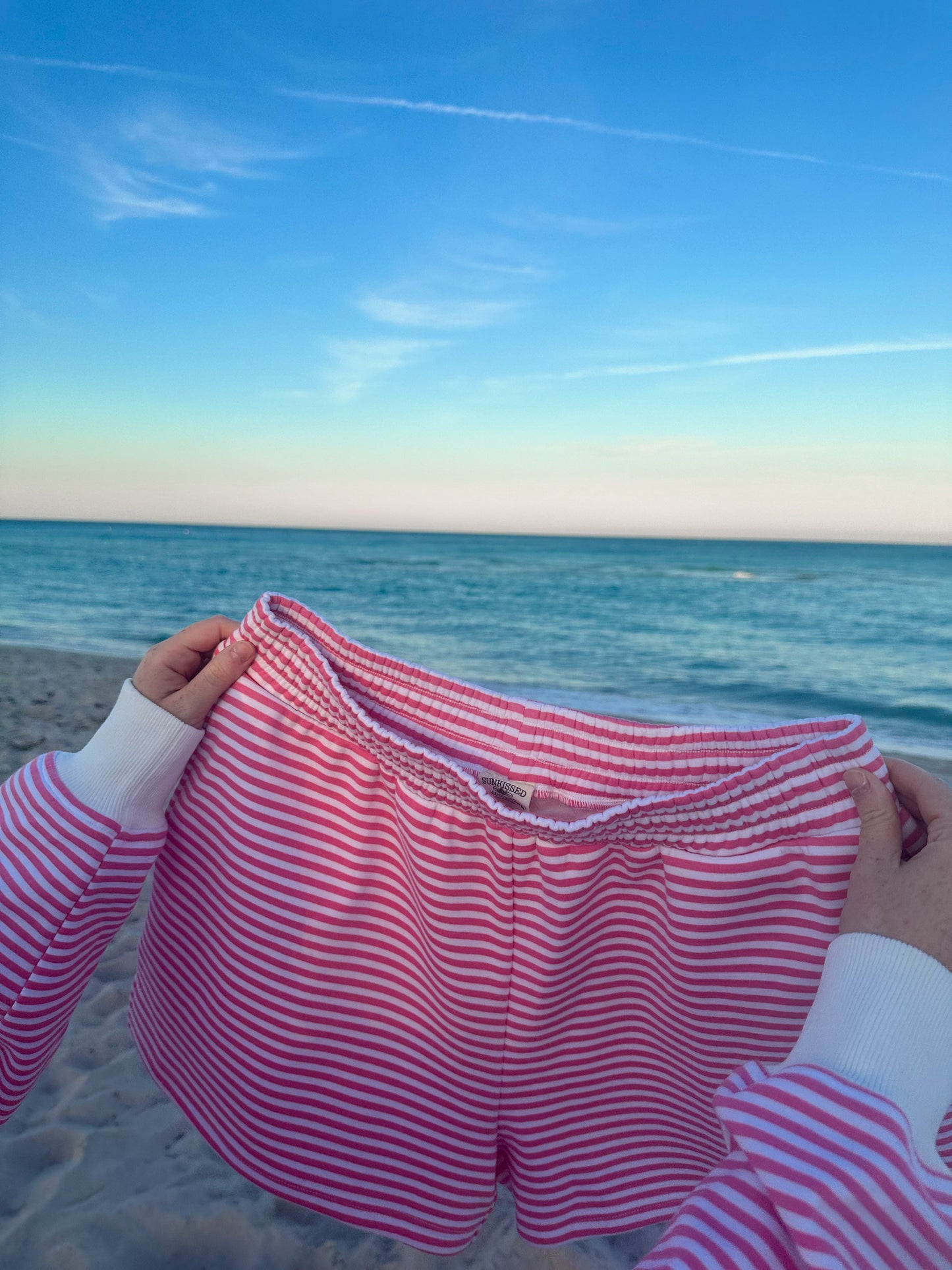 TRADESHOW Dark Pink and White Big Striped Shorts