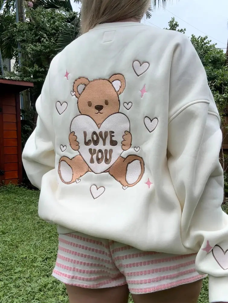 Ivory Teddy Bear Embroider Valentines Day Sweatshirt