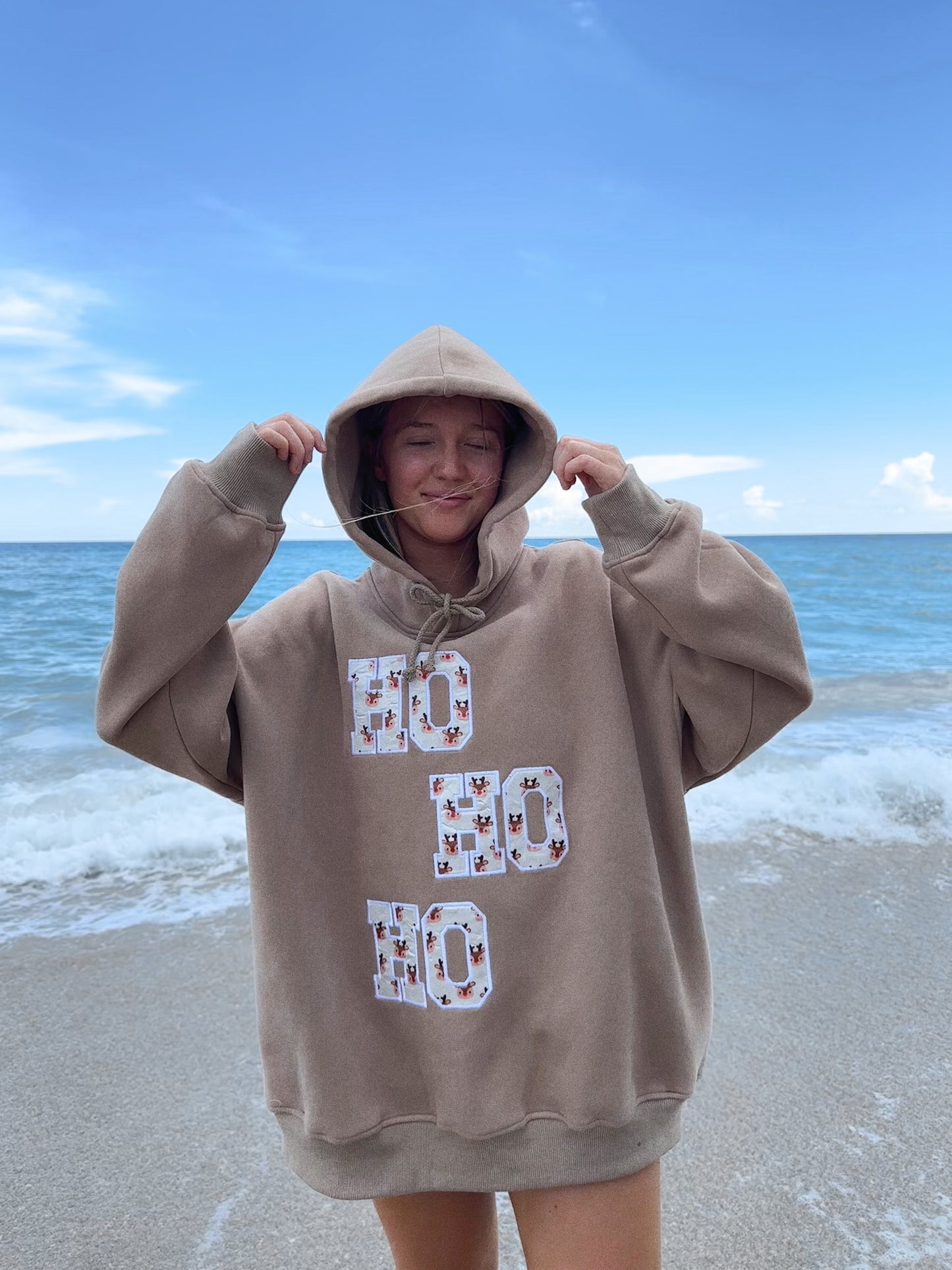 HO HO HO REINDEER CHRISTMAS EMBROIDER HOODIE