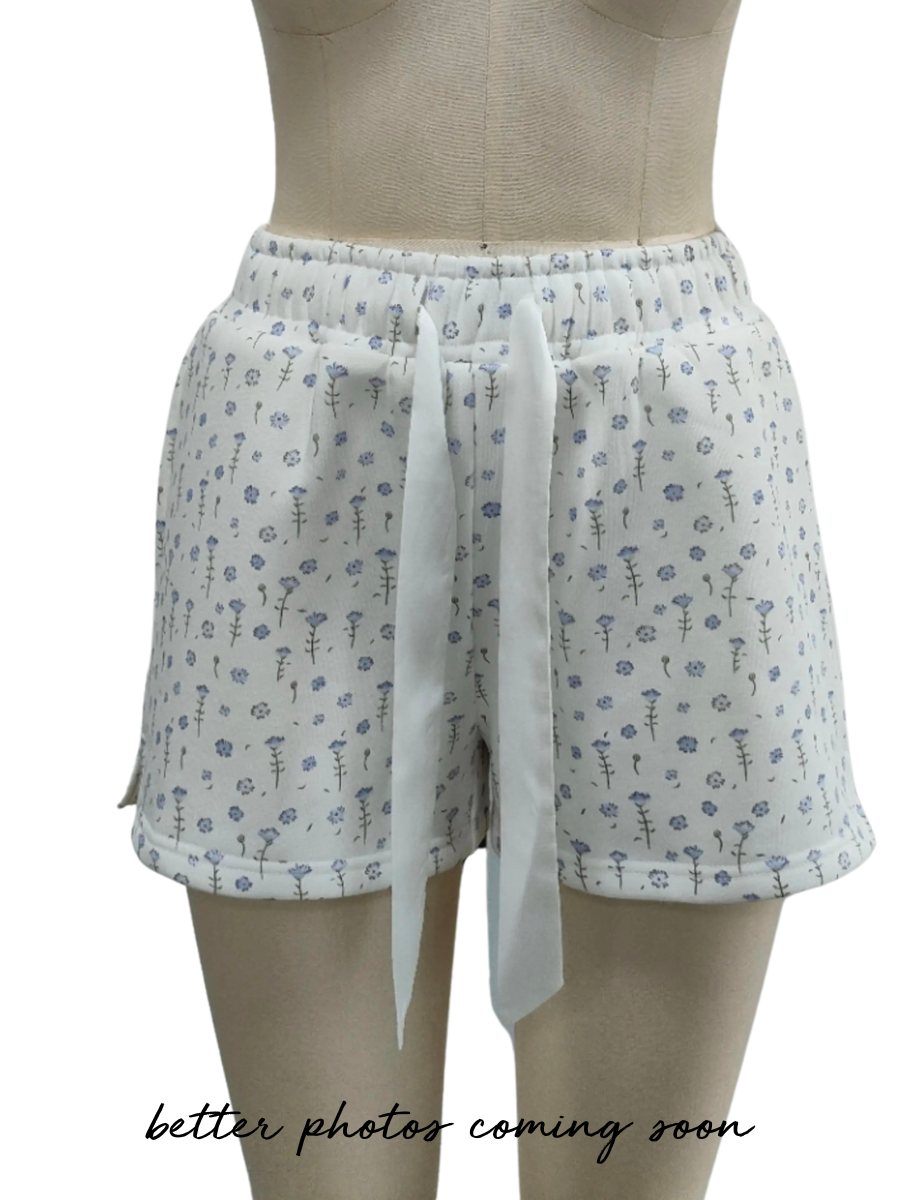 TRADESHOW White Ditsy Blue Floral Sweat Shorts