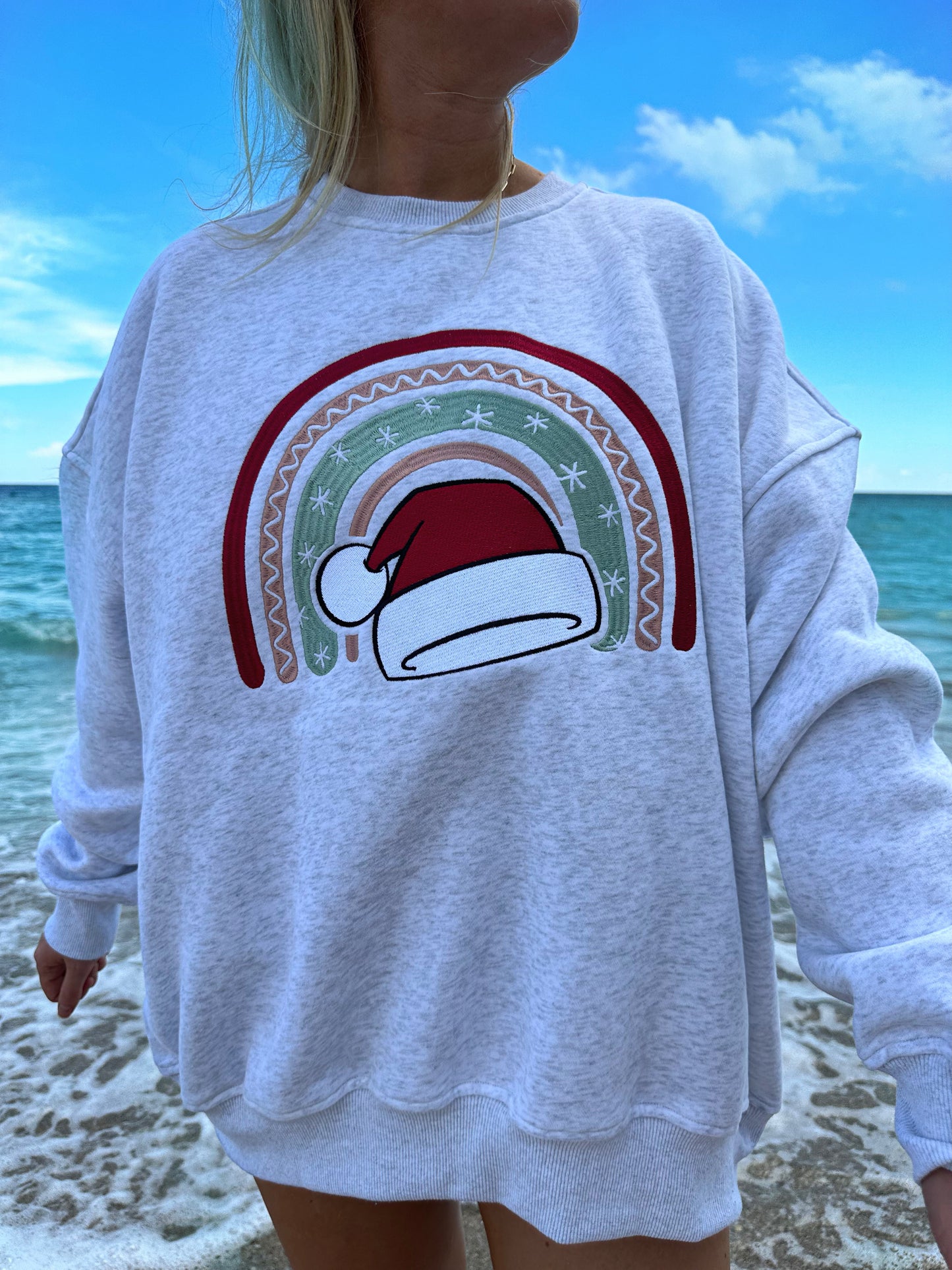 SANTA HAT CHRISTMAS RAINBOW EMBROIDER SWEATSHIRT
