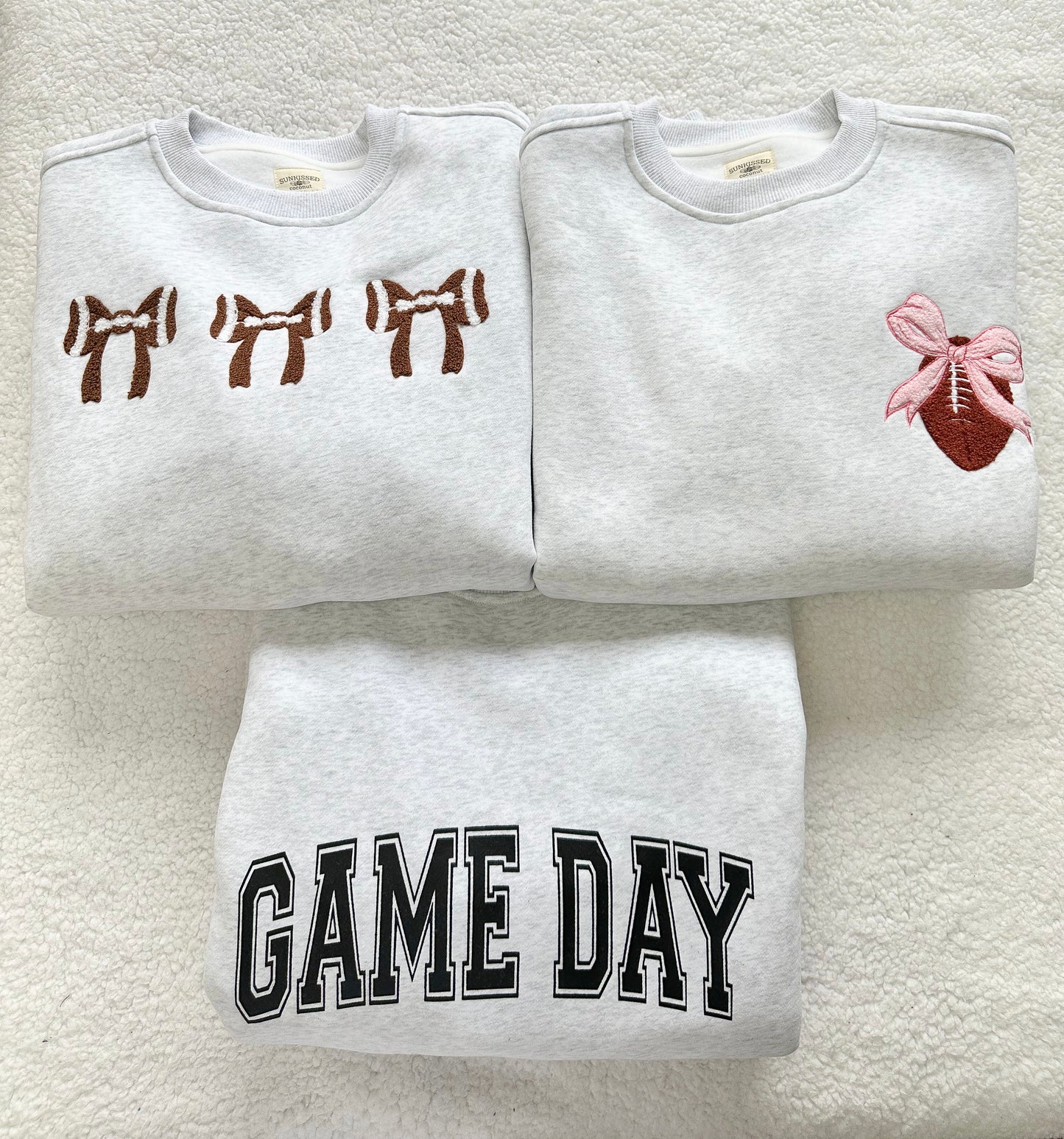 Pearl Grey Pink Bow Football Game Day Embroider Sweatshirt