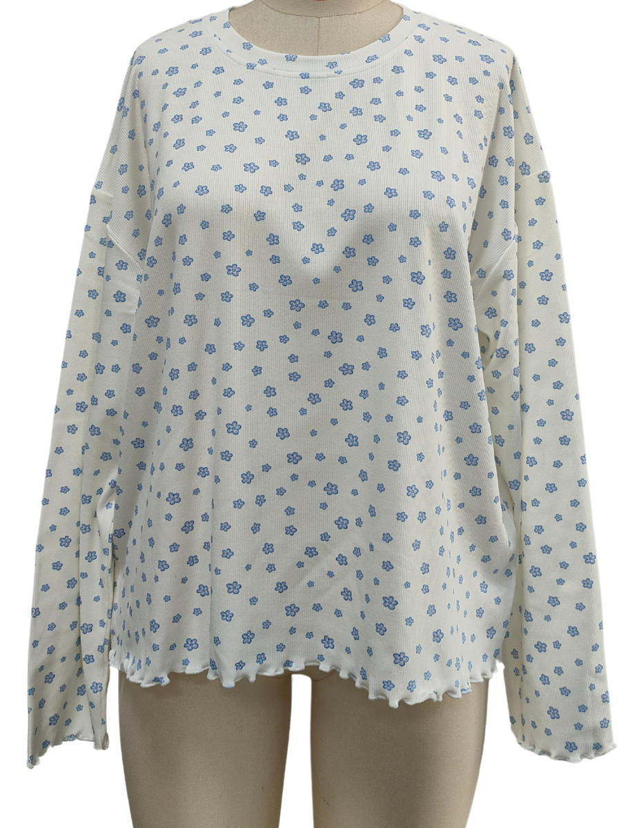 TRADESHOW White Lilo Blue Floral Long Sleeve Pajama Top