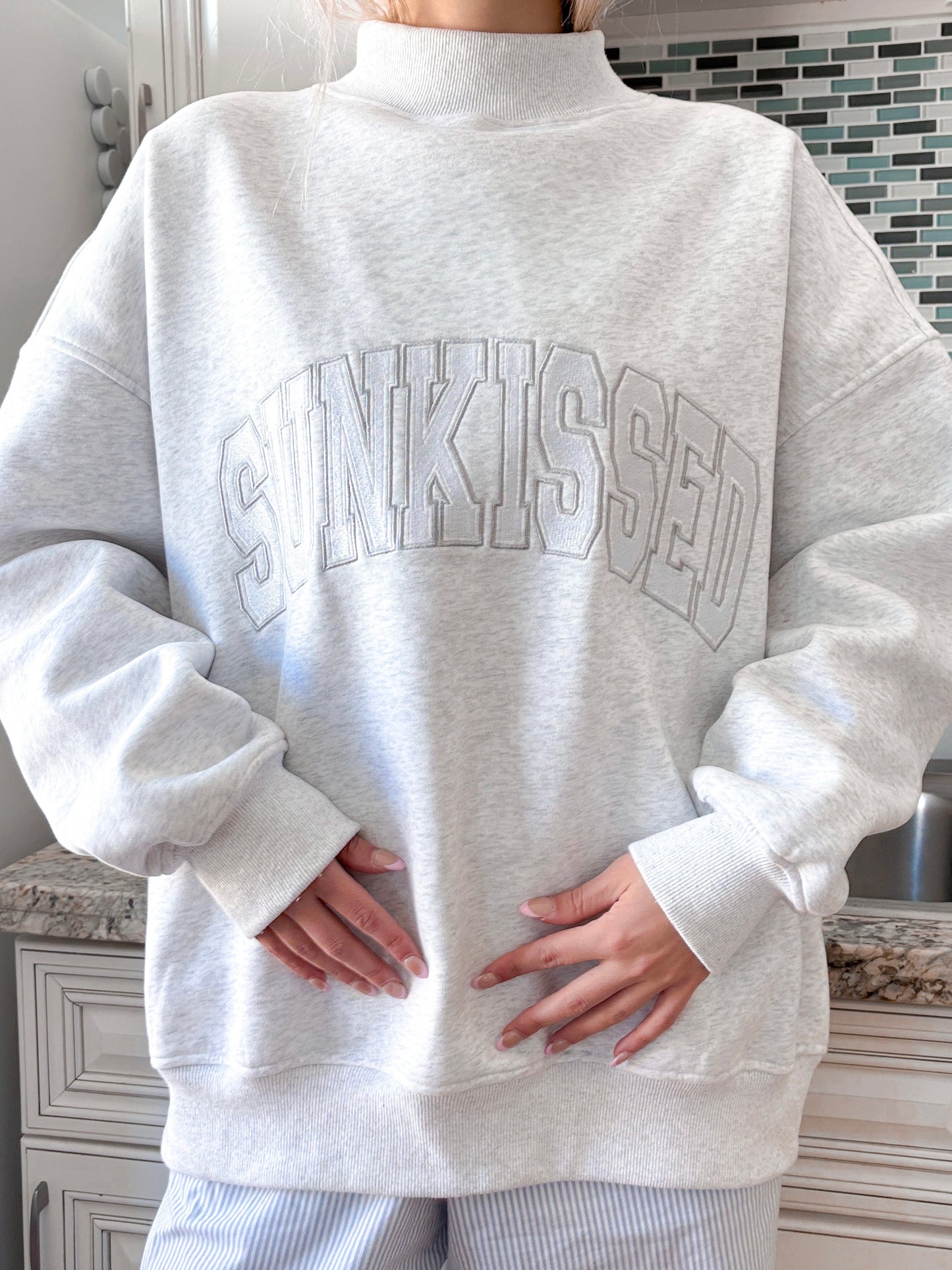 Pearl Grey Mockneck Sunkissed Varsity Embroider Sweatshirt