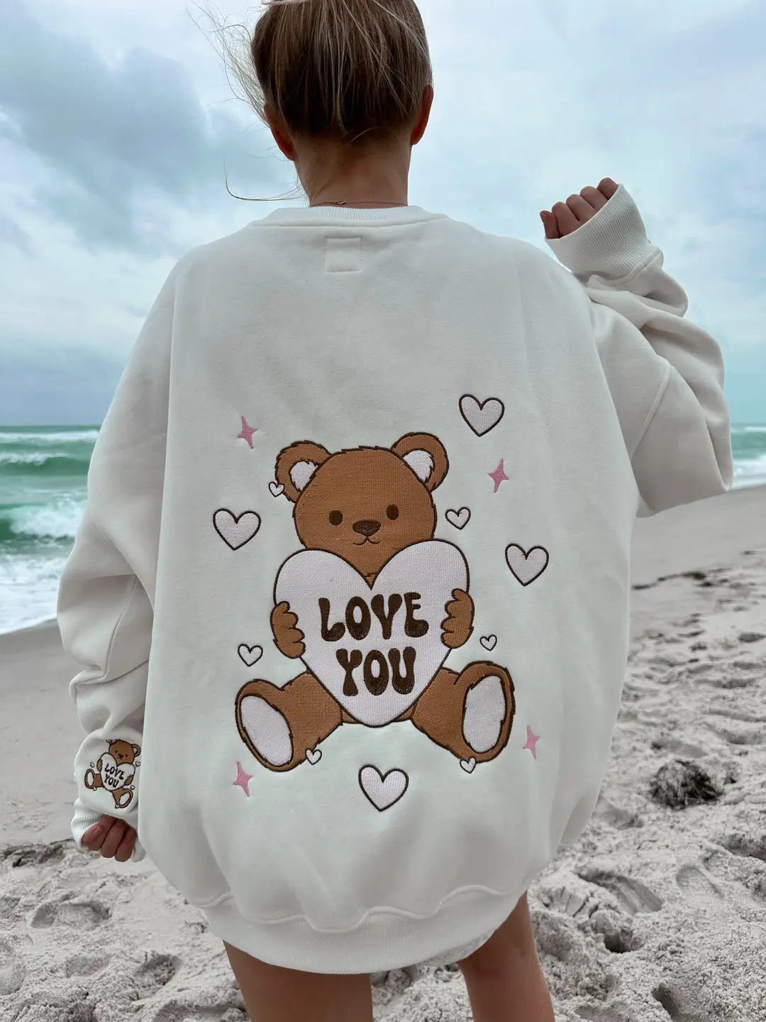 Ivory Teddy Bear Embroider Valentines Day Sweatshirt
