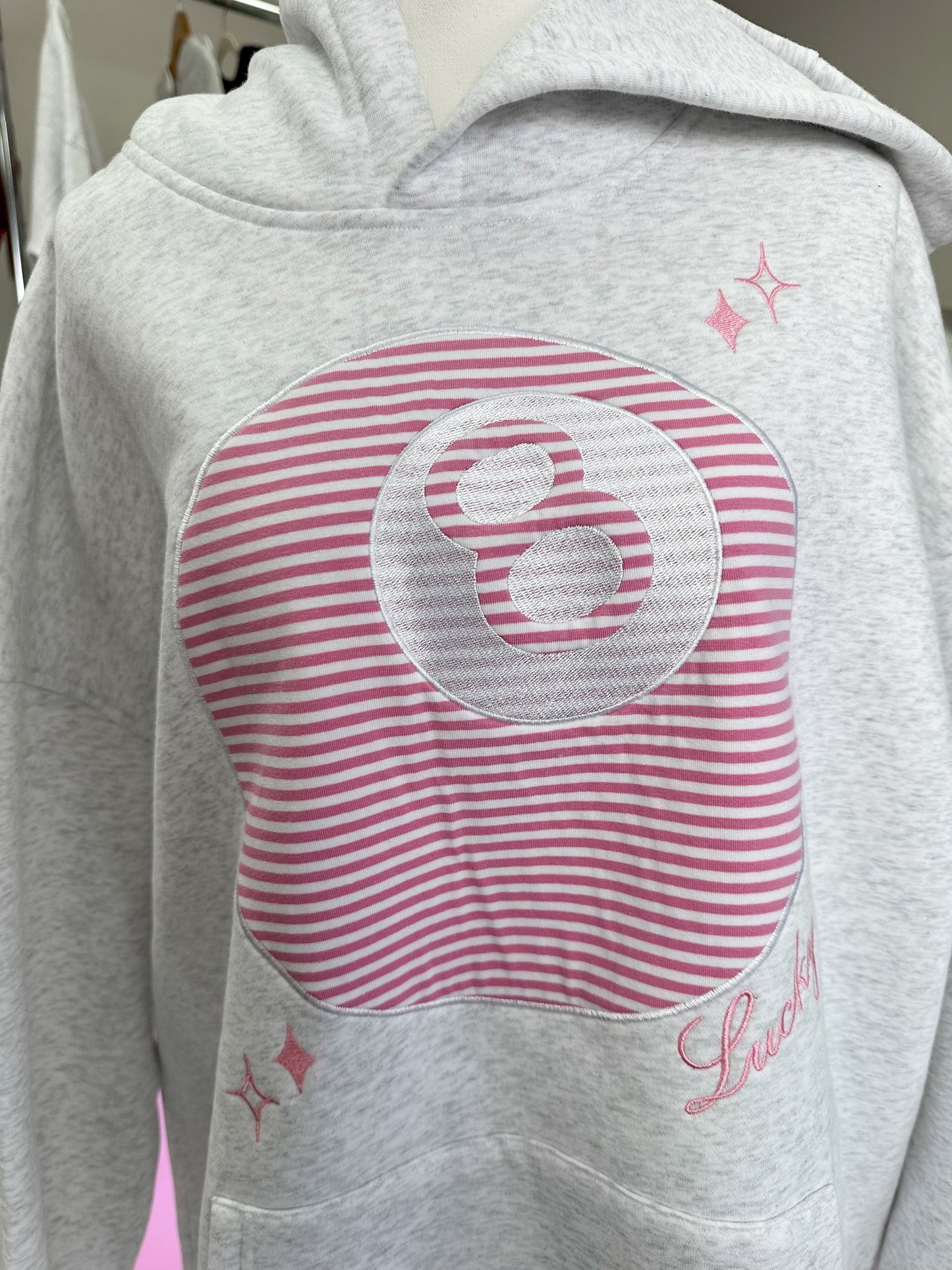 Pearl Grey Lucky You 8 Ball Embroider Hoodie