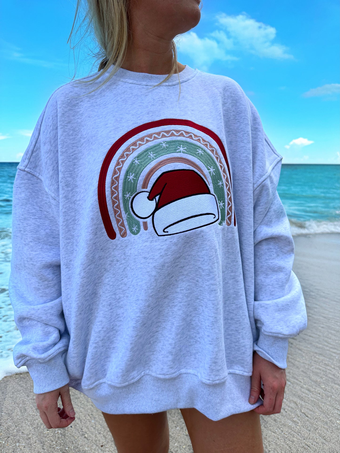 SANTA HAT CHRISTMAS RAINBOW EMBROIDER SWEATSHIRT