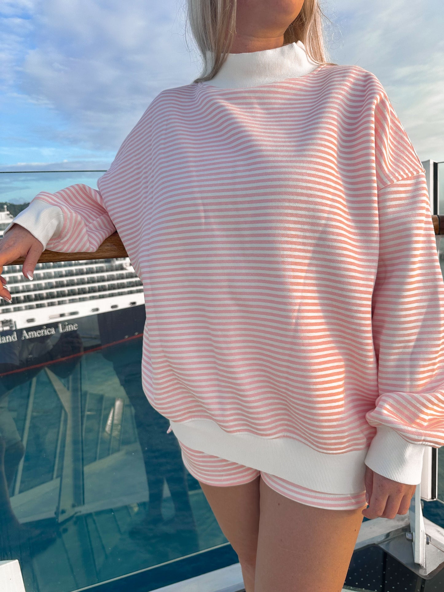 Light Pink and White Big Striped Mockneck Sweatshirt