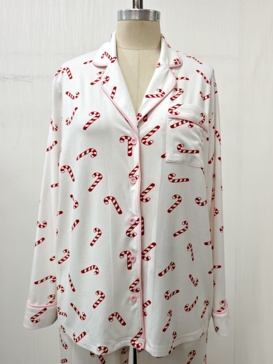 Candy Cane Holiday Christmas Long Sleeve Button Up Pajama Top