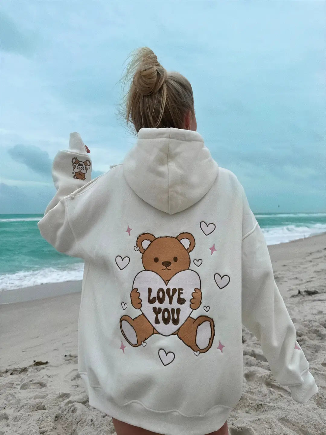 Ivory Teddy Bear Embroider Valentines Day Hoodie