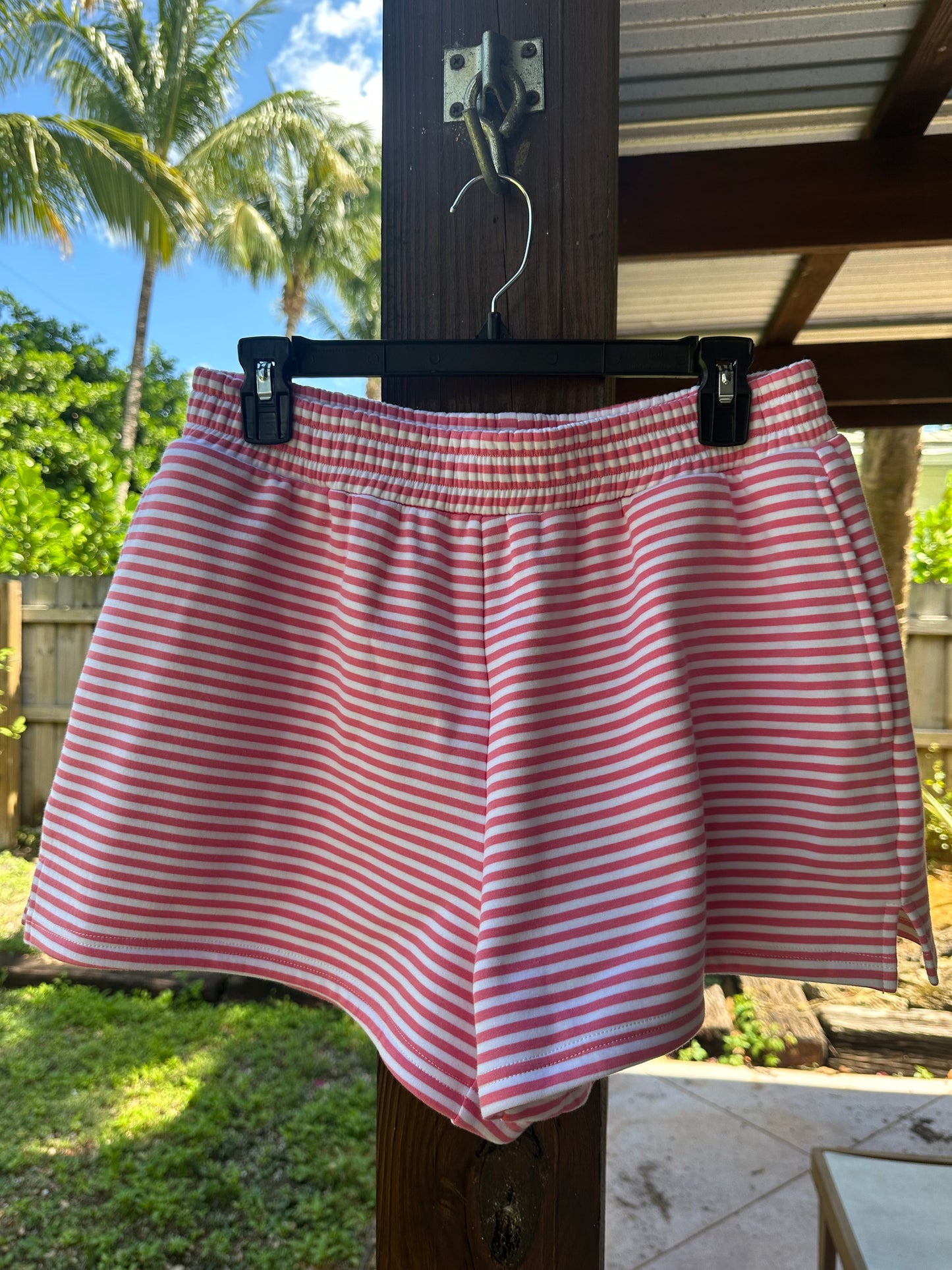TRADESHOW Dark Pink and White Big Striped Shorts