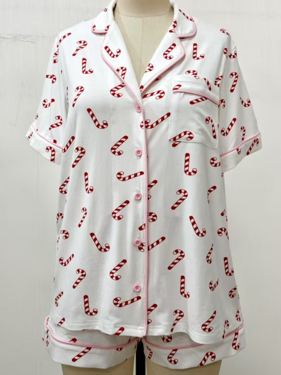 Candy Cane Holiday Christmas Short Sleeve Button Up Pajama Top