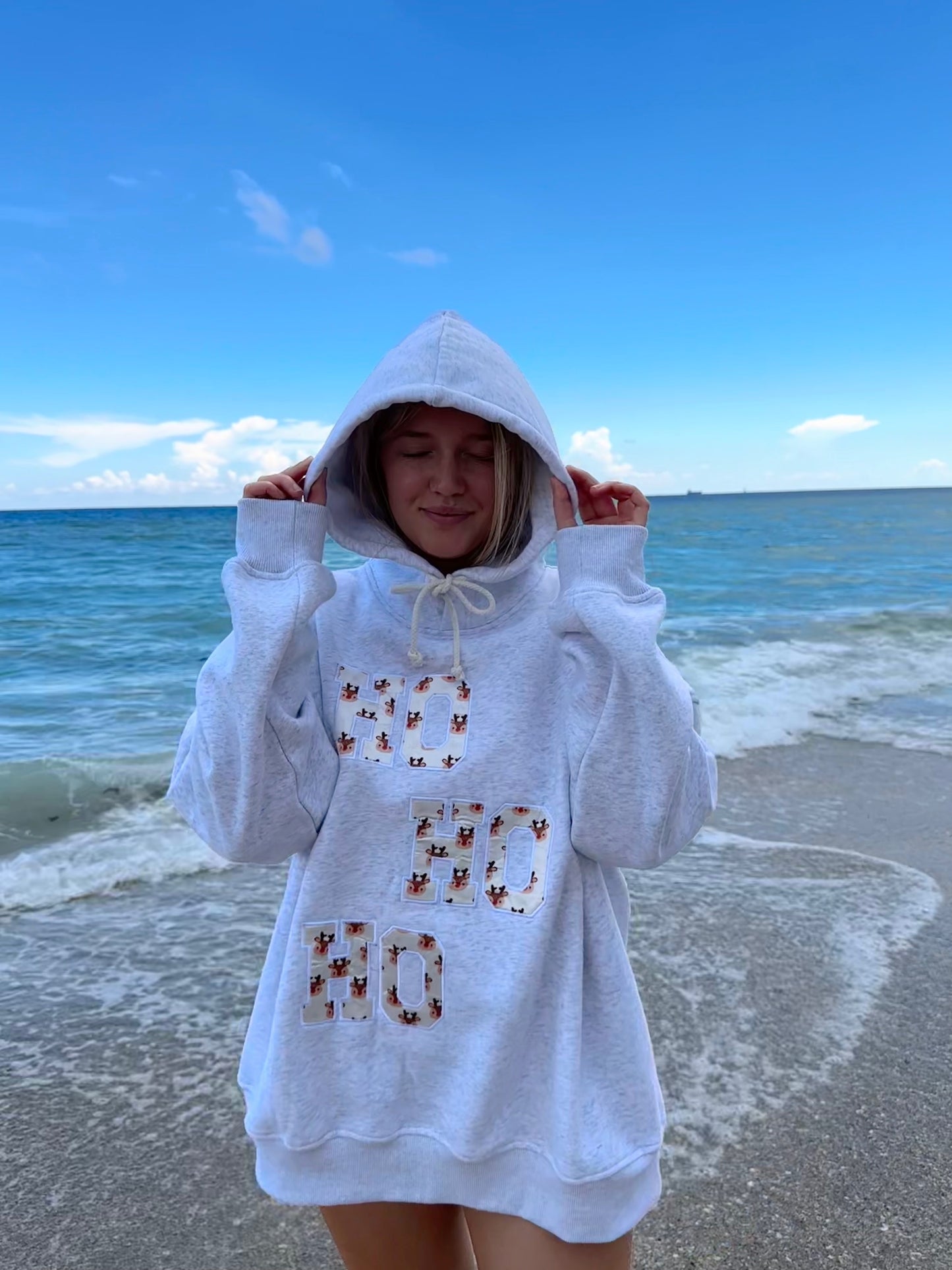 HO HO HO REINDEER CHRISTMAS EMBROIDER HOODIE