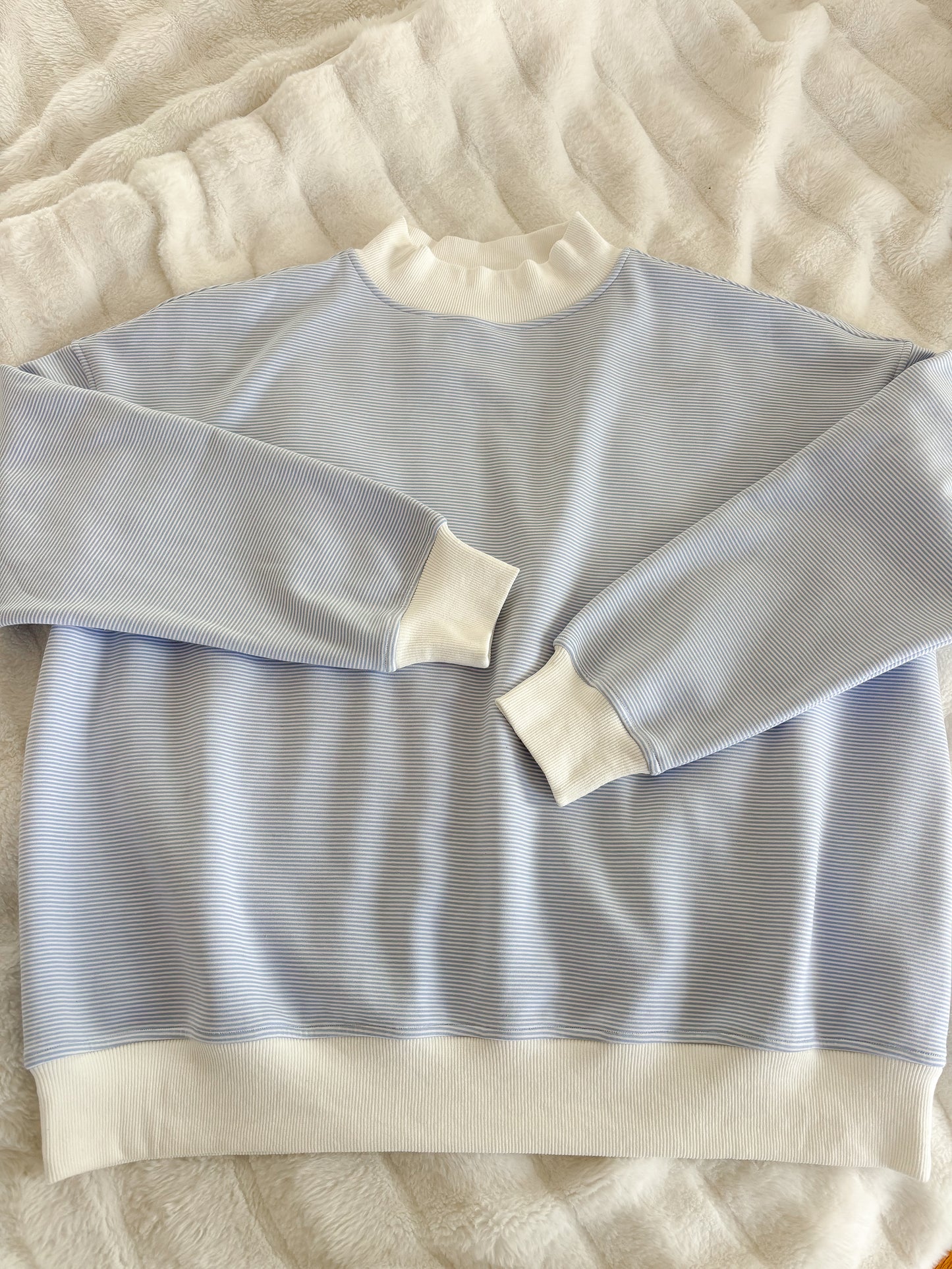 Blue and White Mini Striped Mockneck Sweatshirt