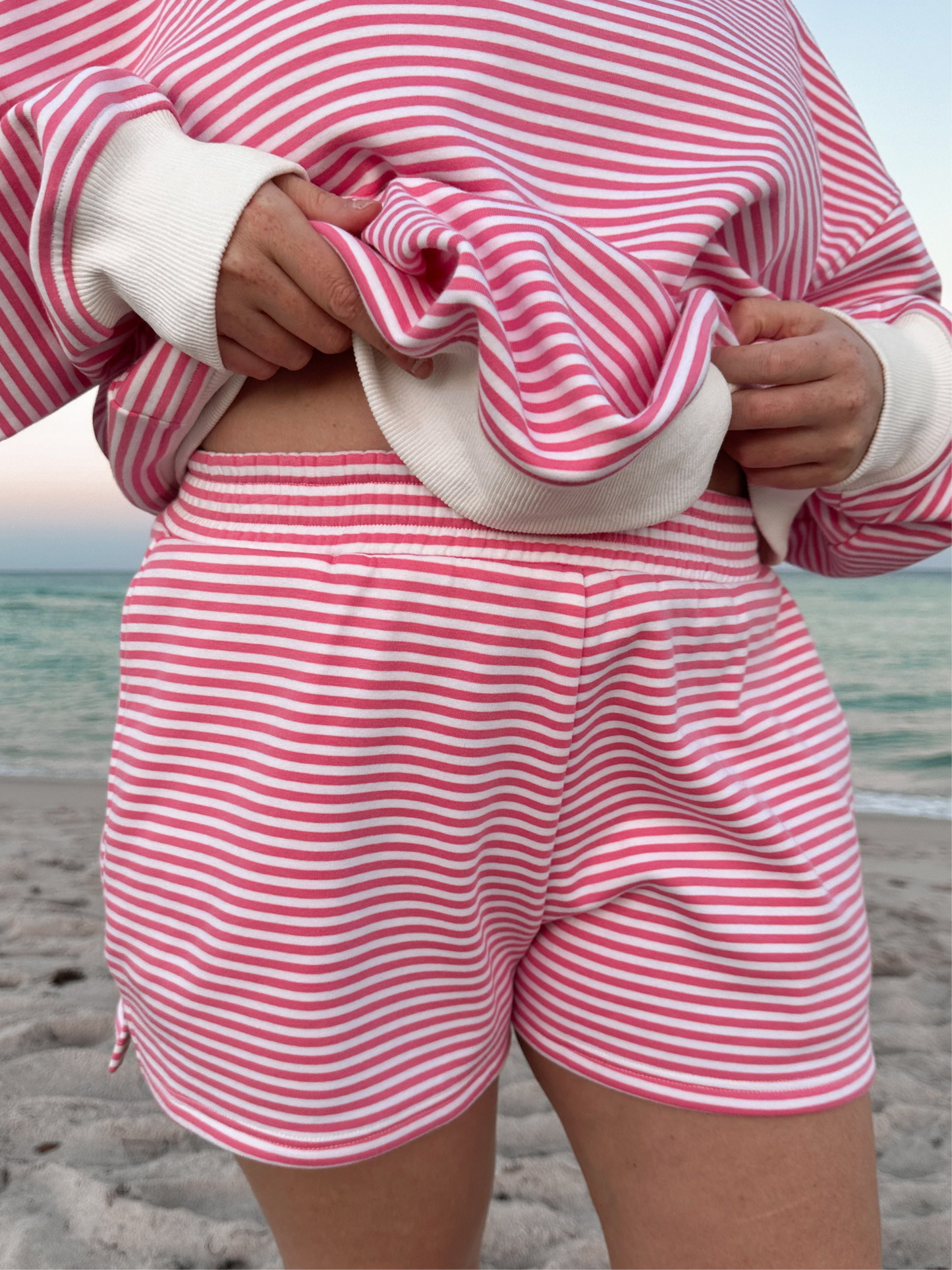 TRADESHOW Dark Pink and White Big Striped Shorts