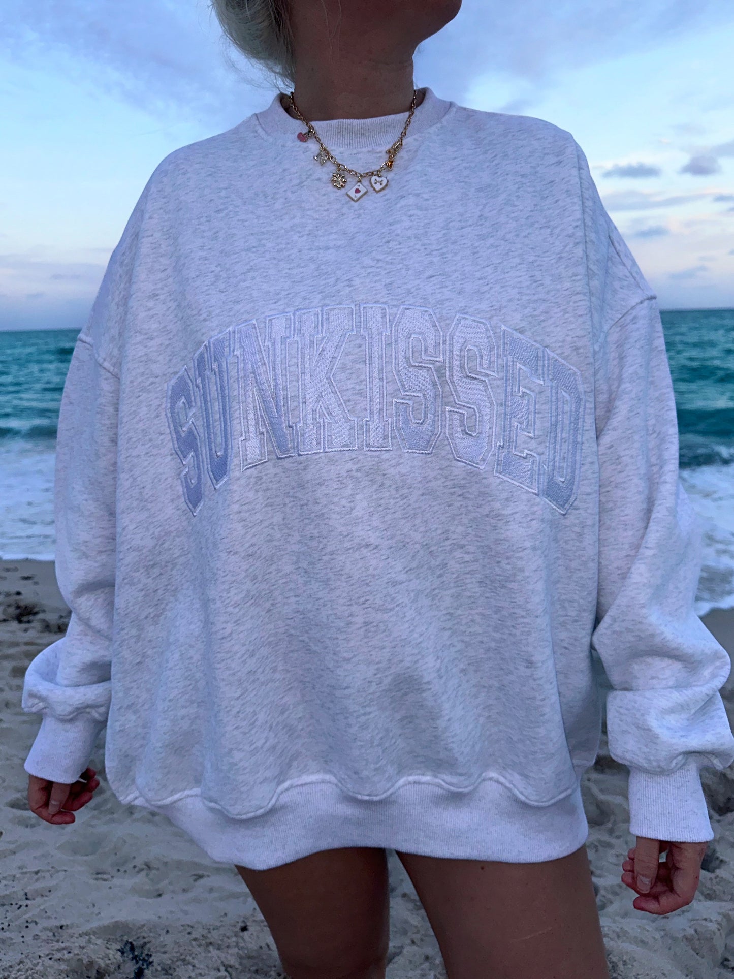 Pearl Grey and White Thread Sunkissed Varsity Embroider Sweatshirt