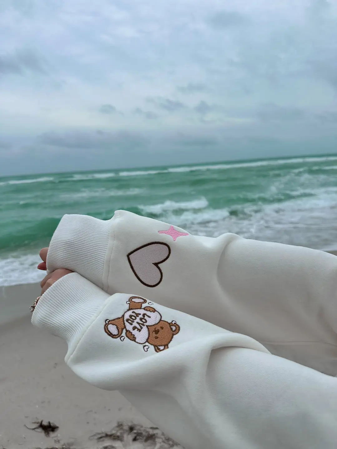 Ivory Teddy Bear Embroider Valentines Day Sweatshirt