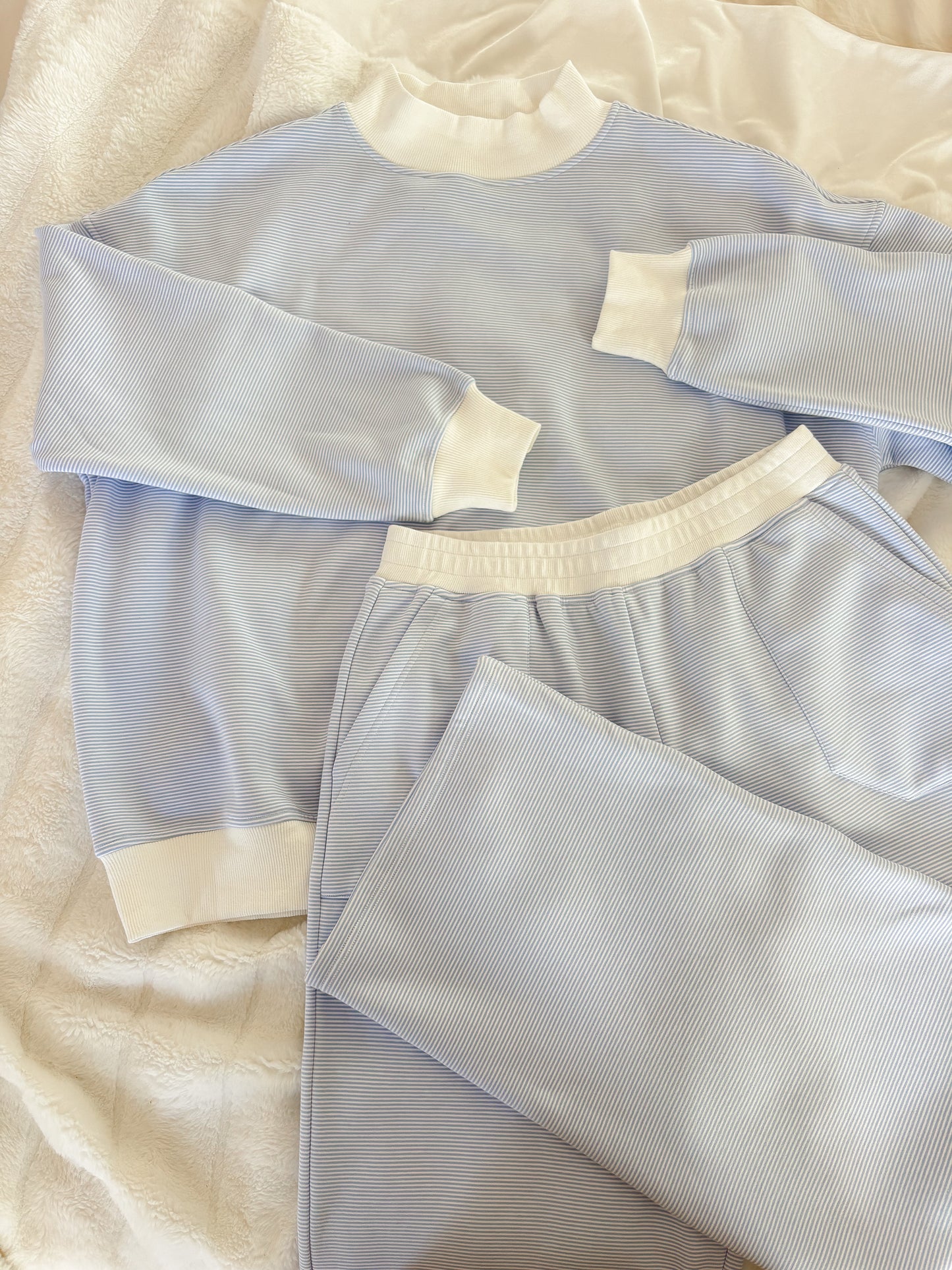 Blue and White Mini Striped Mockneck Sweatshirt