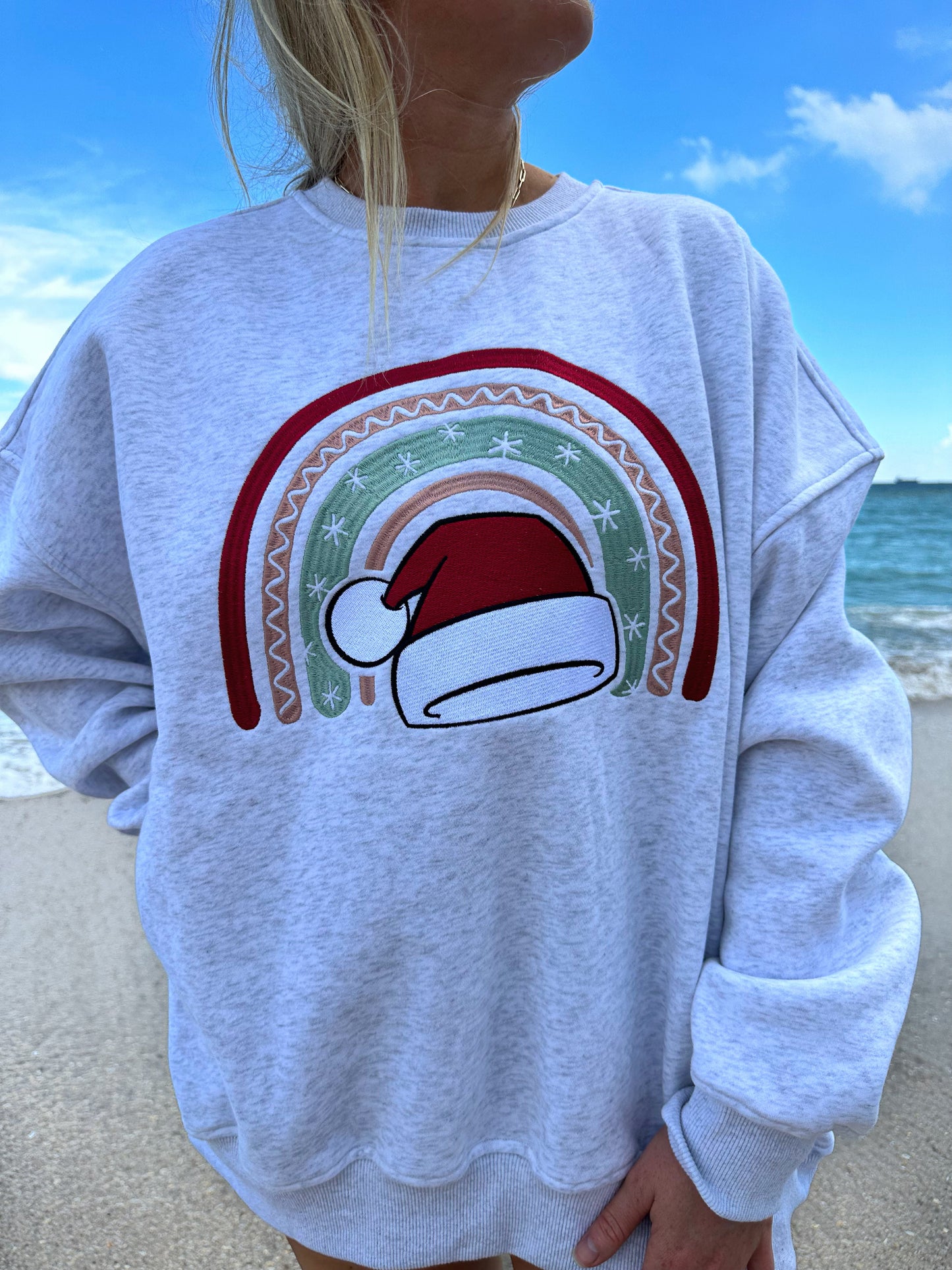 SANTA HAT CHRISTMAS RAINBOW EMBROIDER SWEATSHIRT