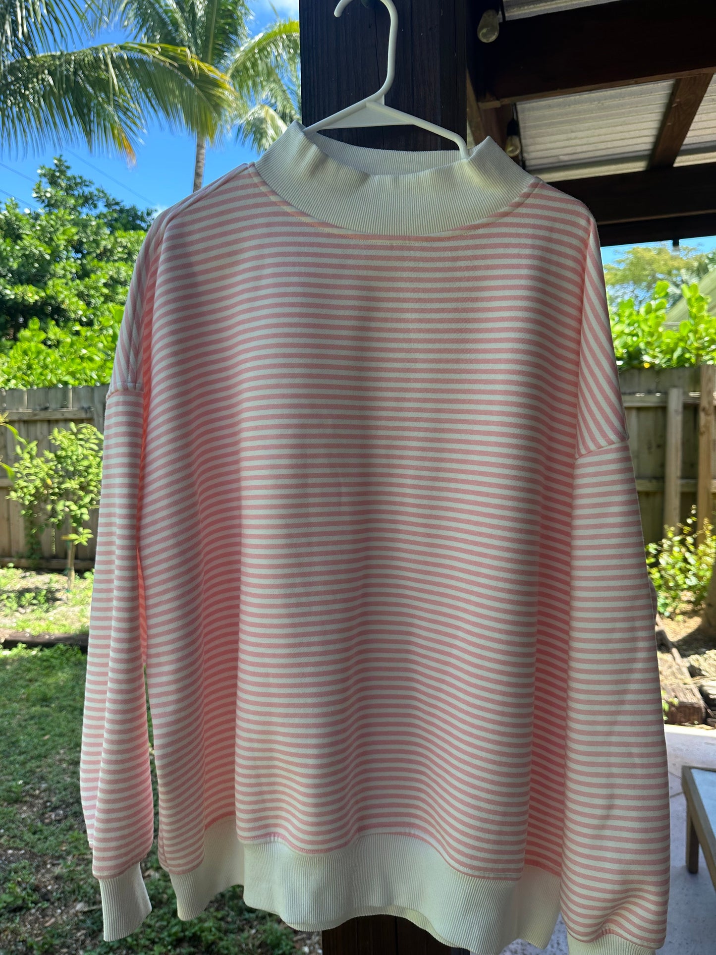 Light Pink and White Big Striped Mockneck Sweatshirt