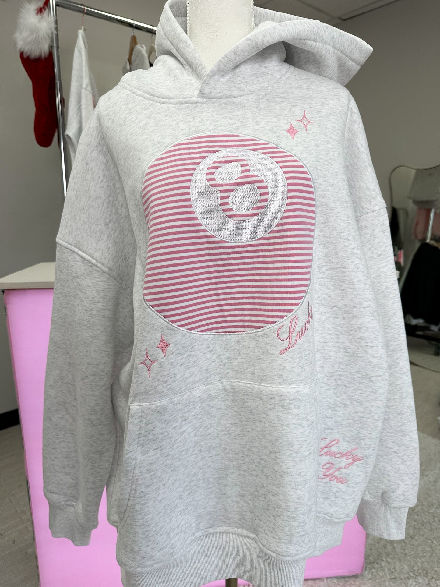 Pearl Grey Lucky You 8 Ball Embroider Hoodie