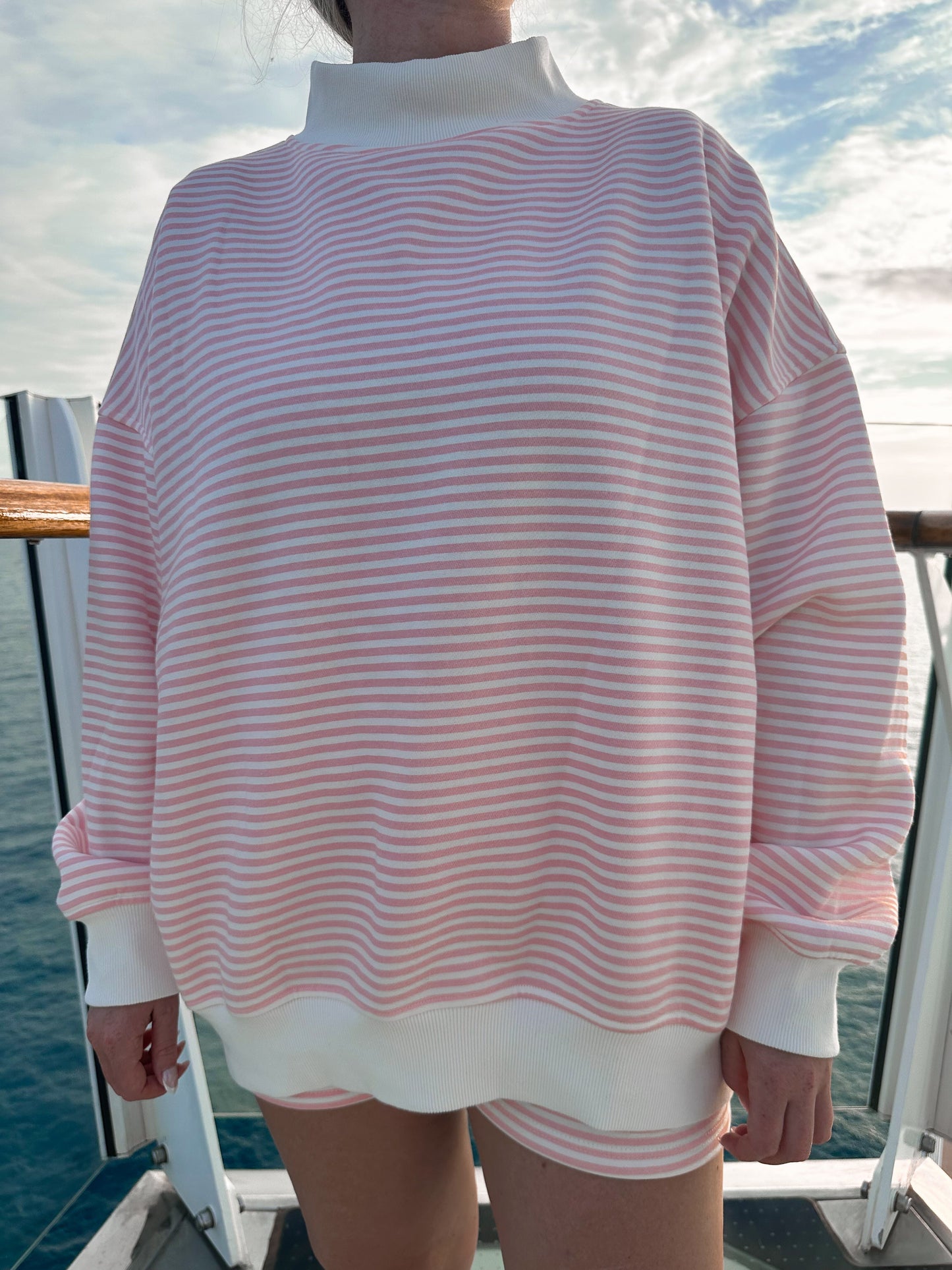 Light Pink and White Big Striped Mockneck Sweatshirt