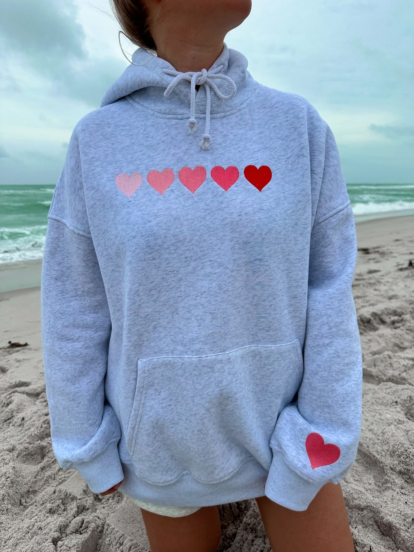 Pearl Grey Ombre Hearts Embroider Hoodie