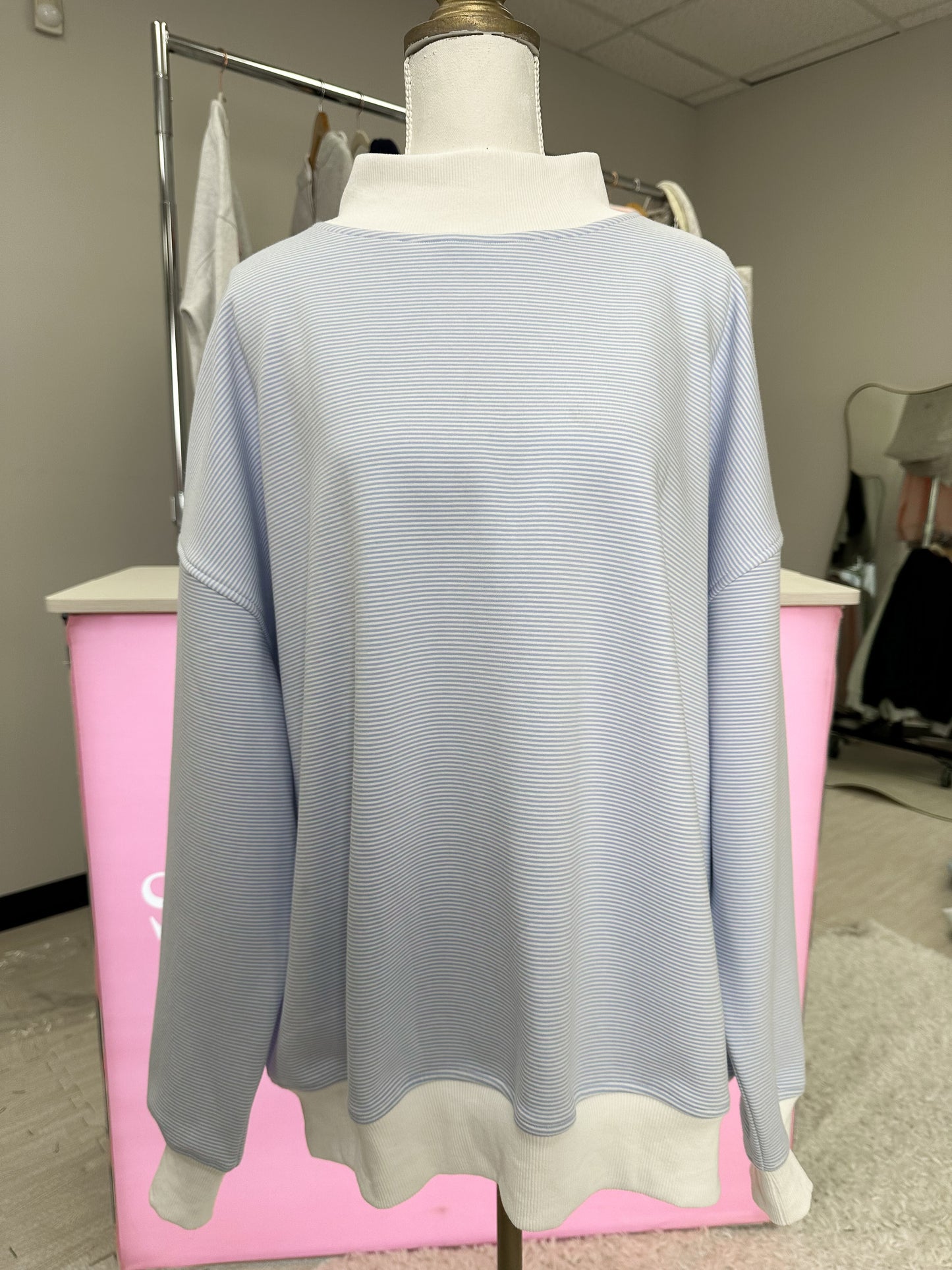 Blue and White Mini Striped Mockneck Sweatshirt