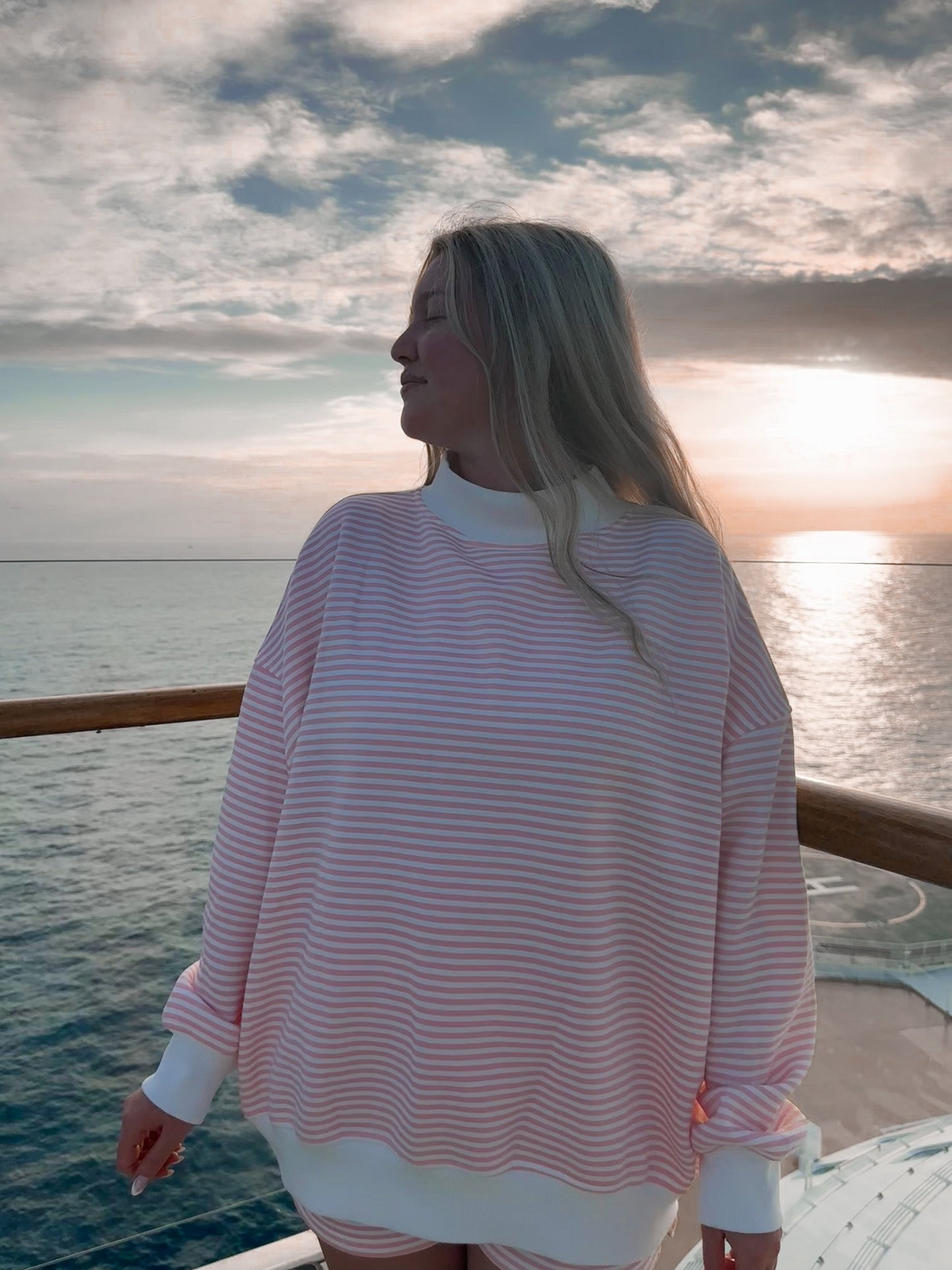 Light Pink and White Big Striped Mockneck Sweatshirt