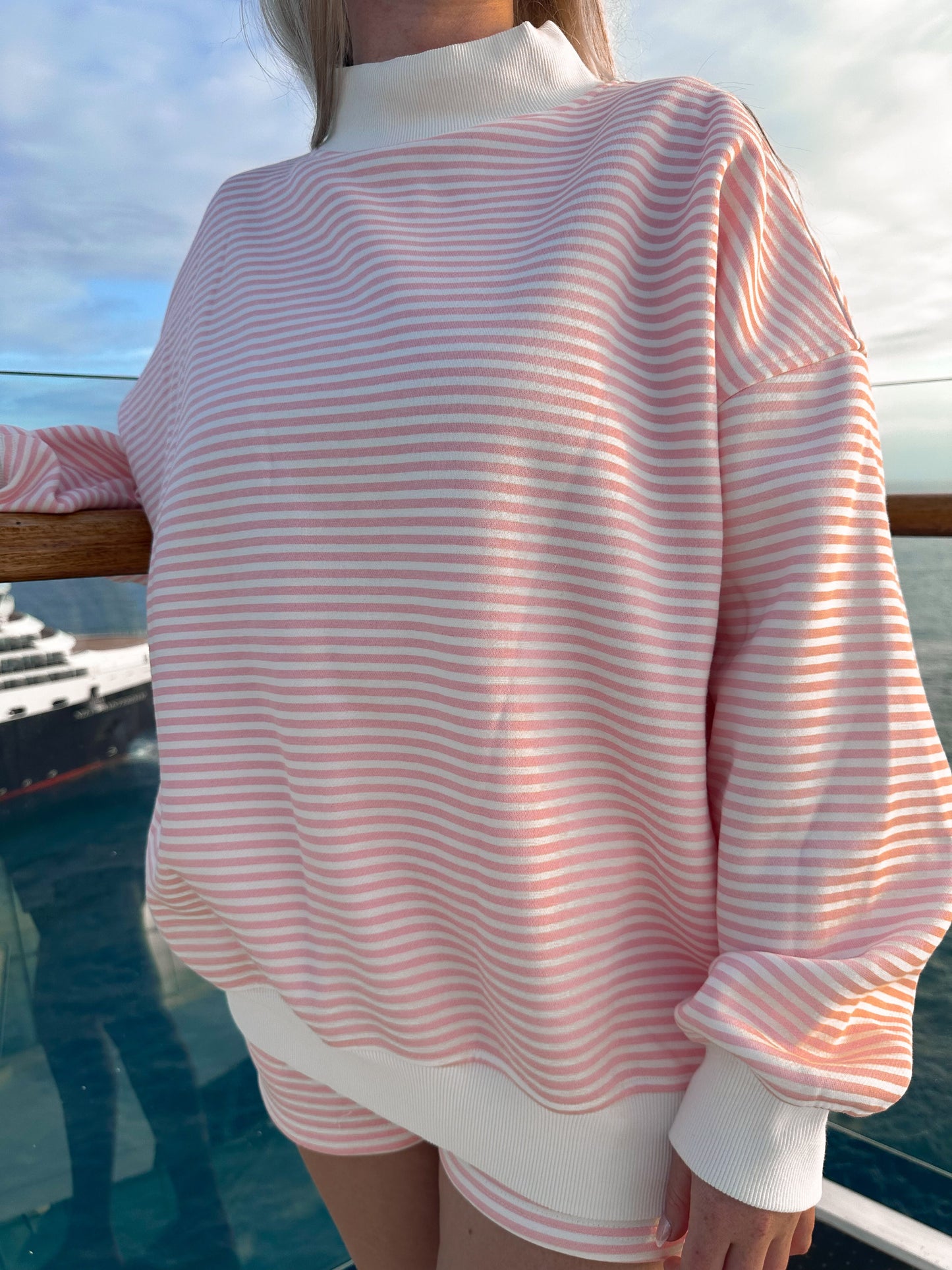 Light Pink and White Big Striped Mockneck Sweatshirt