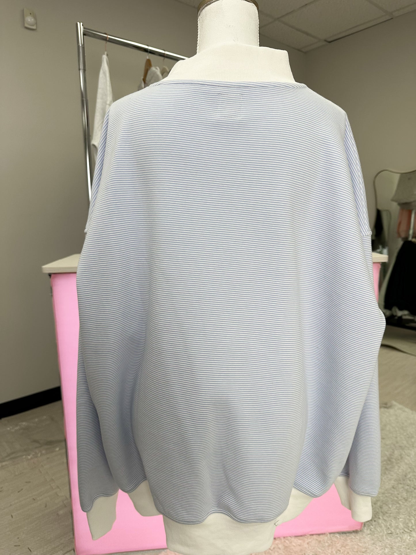 Blue and White Mini Striped Mockneck Sweatshirt