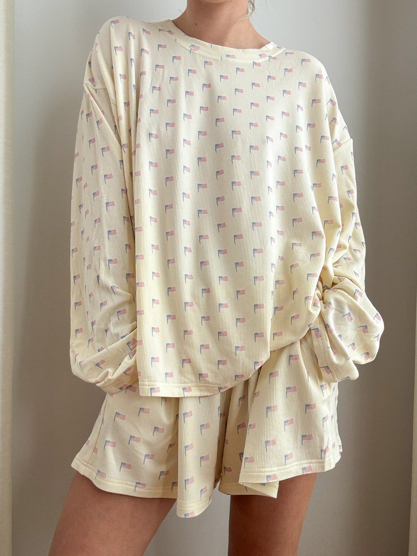 Pale Yellow American Flag Pajama Pattern Top