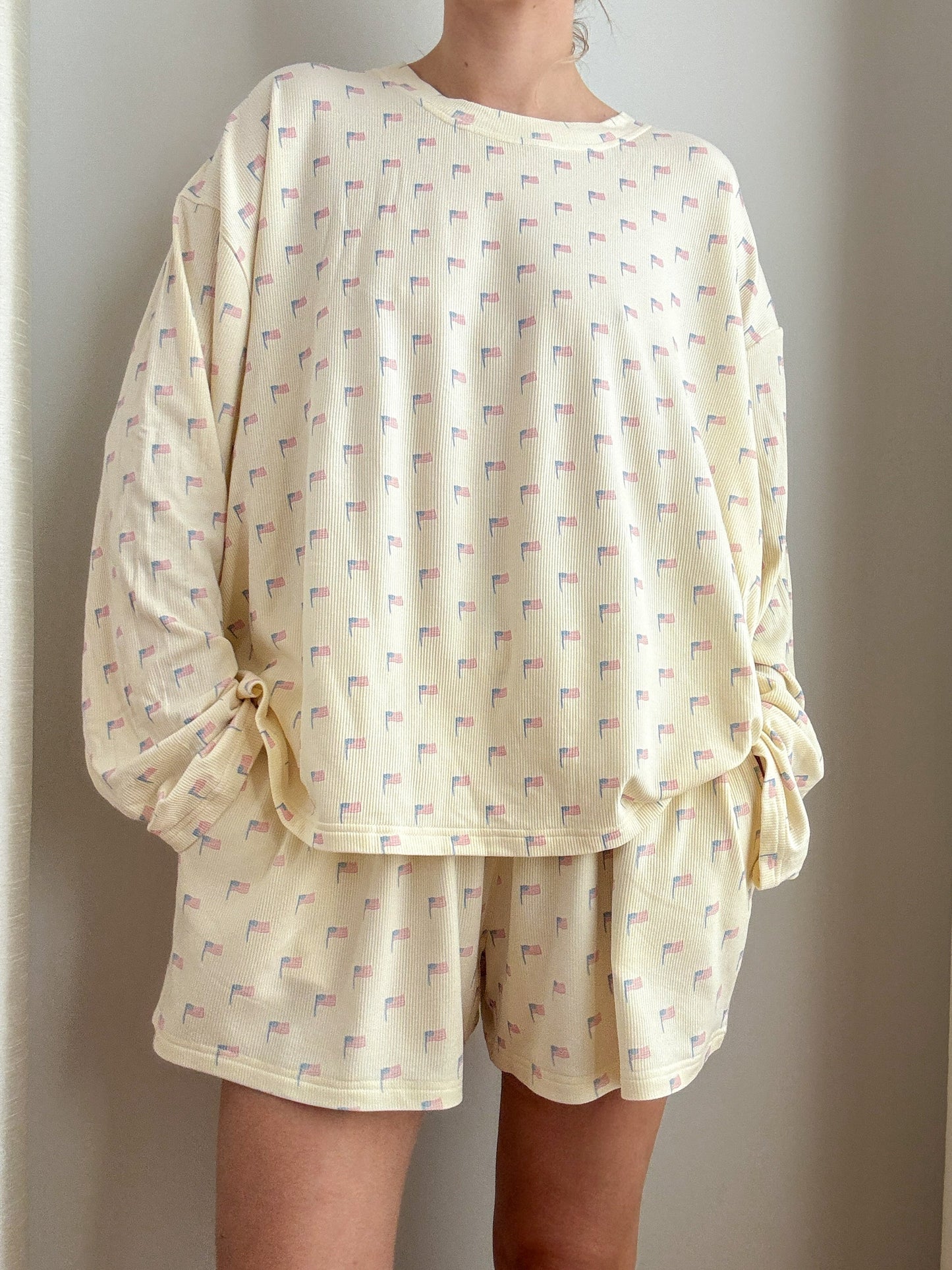 Pale Yellow American Flag Pajama Pattern Top