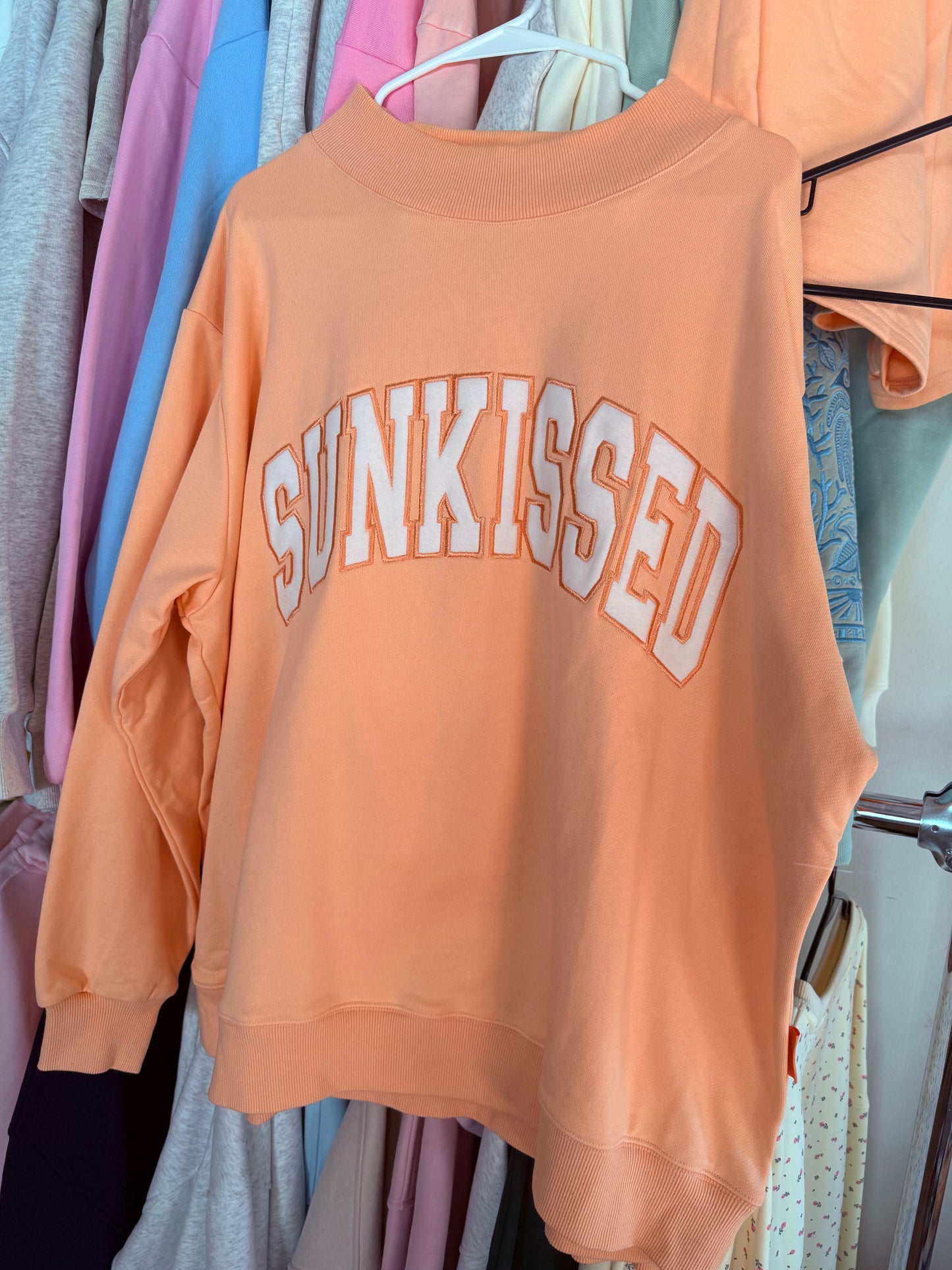 Papaya Orange Varsity Sunkissed Embroidered Mockneck Sweatshirt 100% Cotton