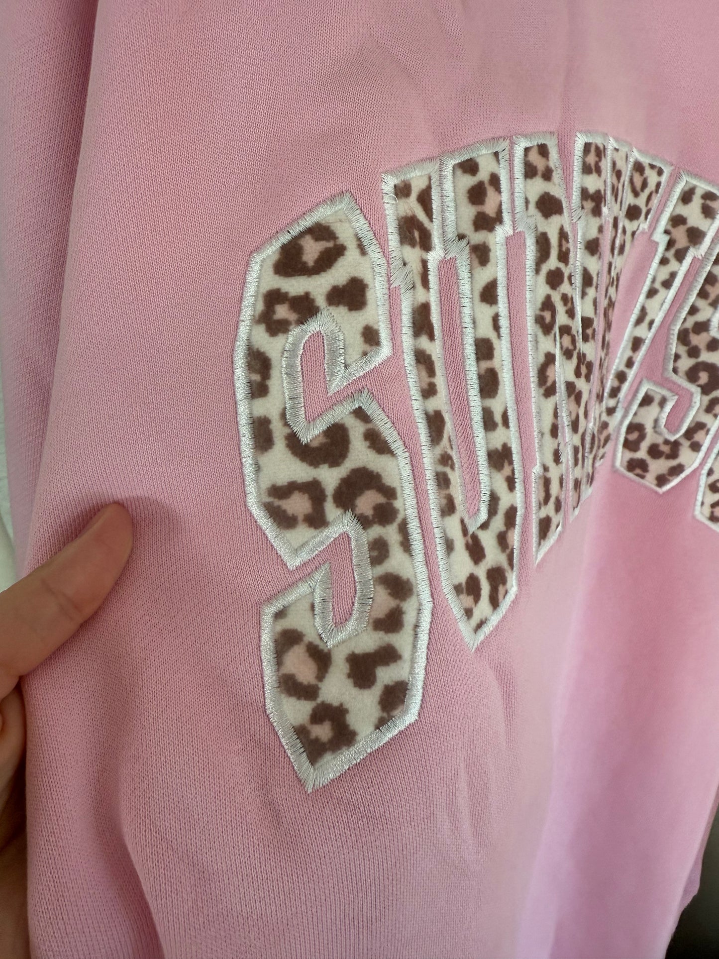 Bubblegum Pink Cheetah Print Varsity Sunkissed Embroidered Mockneck Sweatshirt 100% Cotton