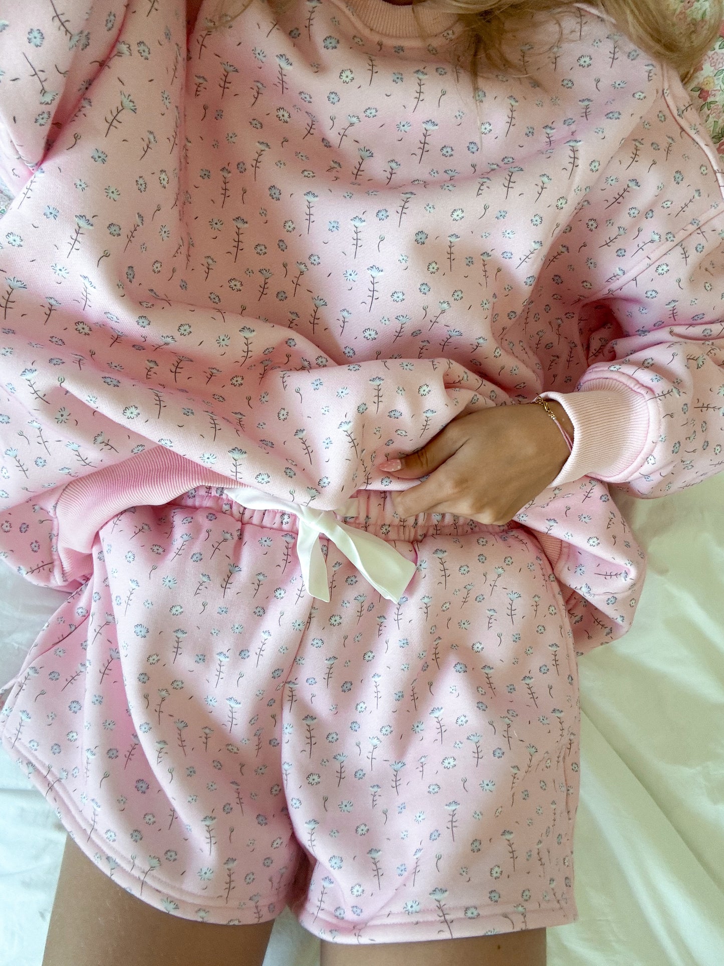 Light Pink Ditsy Blue Floral Sweat Shorts