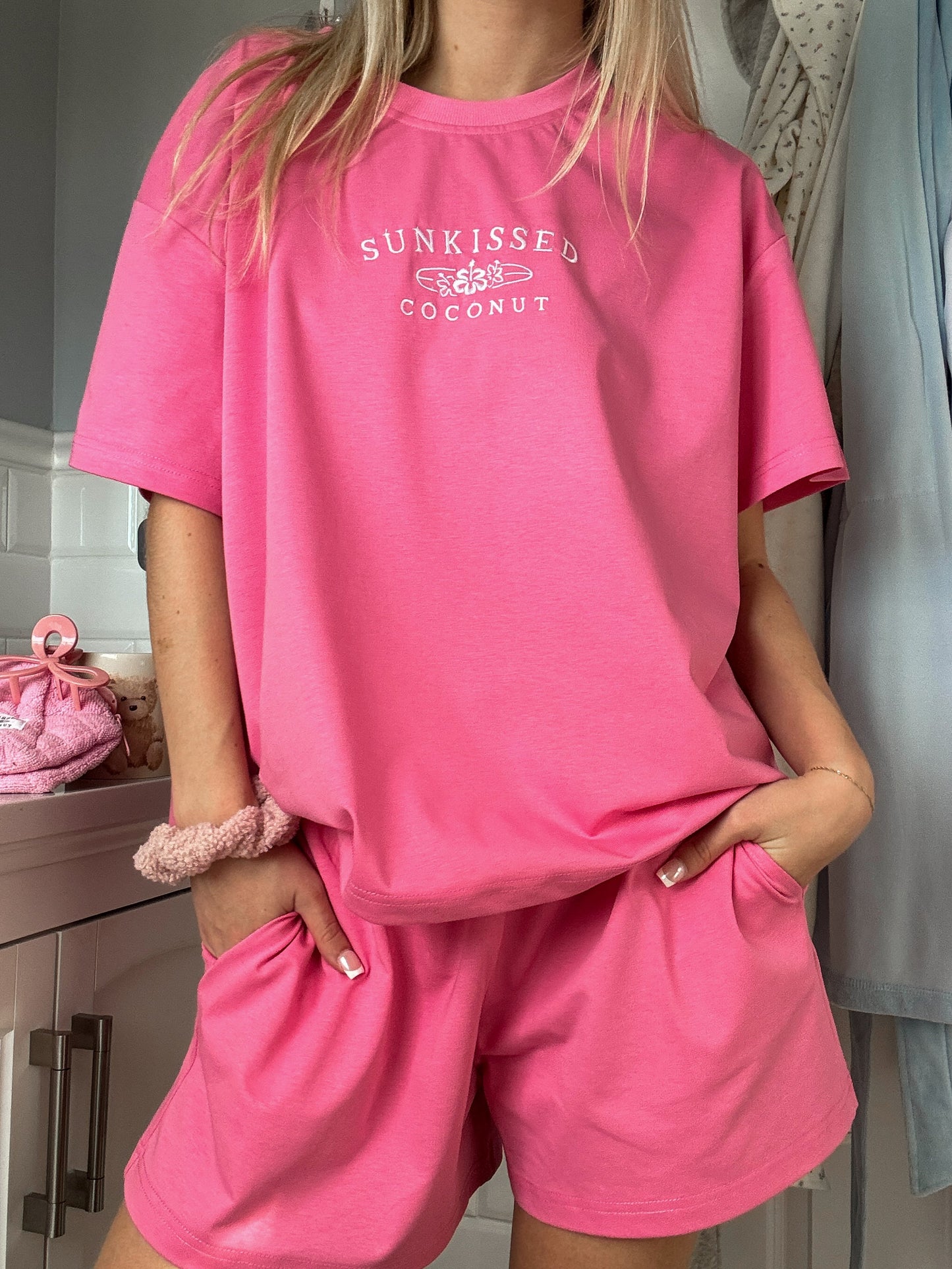 Malibu Pink Basic Watercolor Embroider Tee