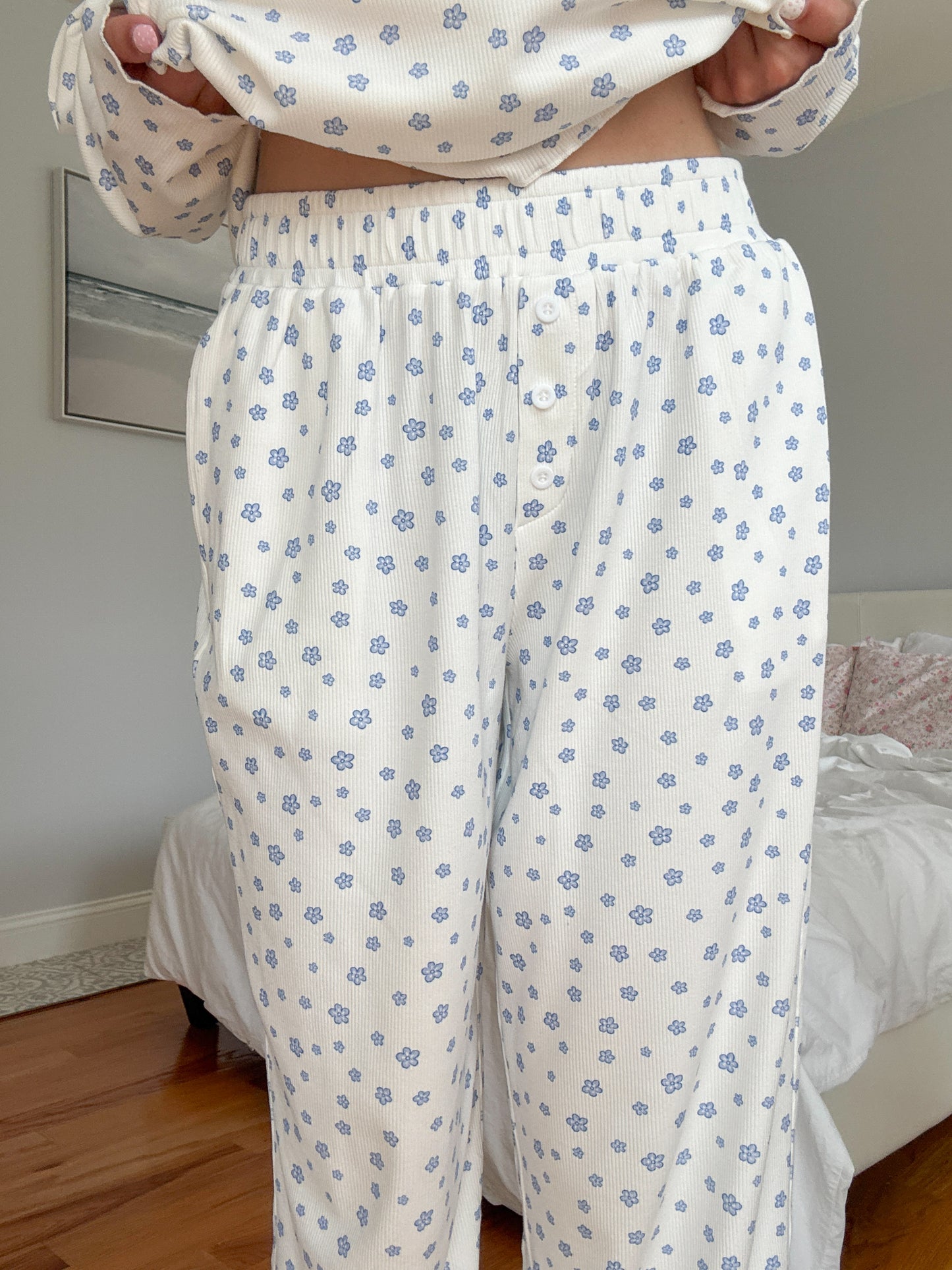 White Lilo Blue Floral Pajama Pants