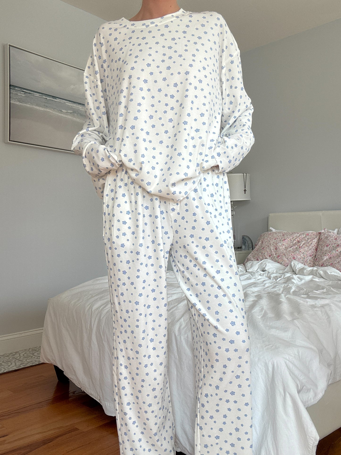 White Lilo Blue Floral Pajama Pants
