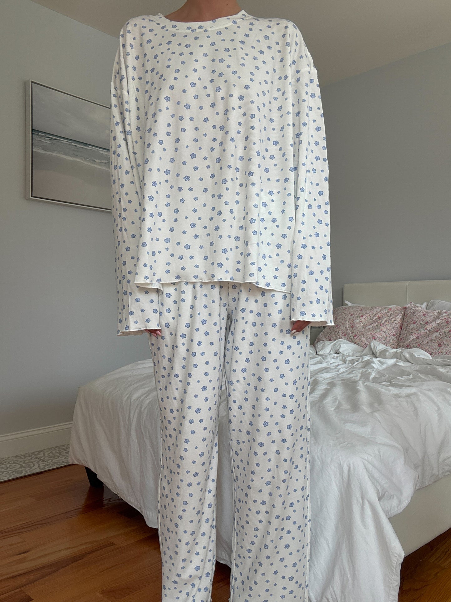 White Lilo Blue Floral Pajama Pants