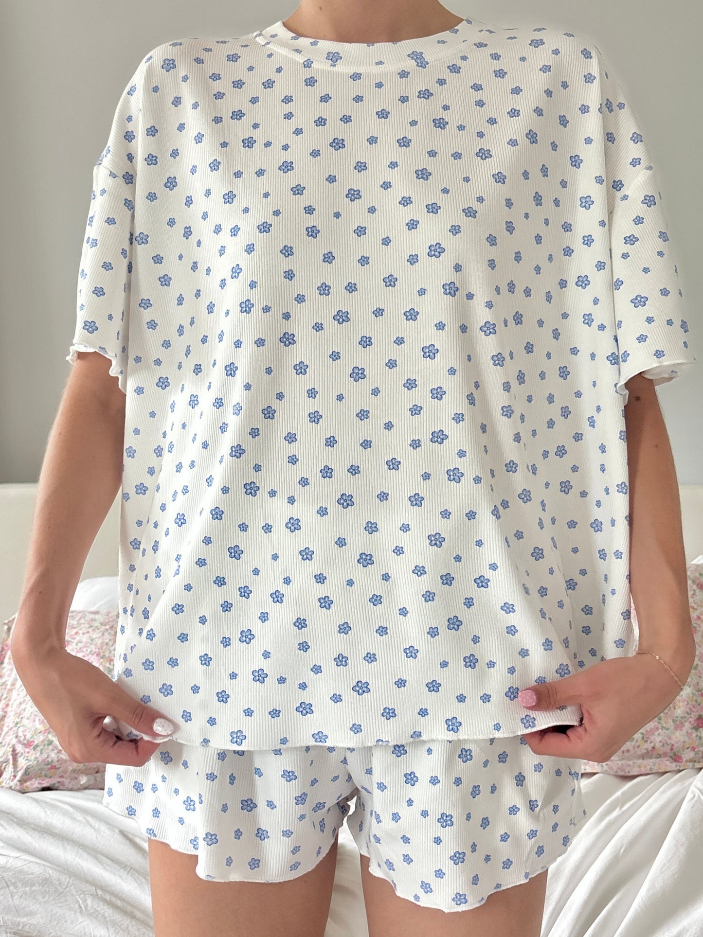 White Lilo Blue Floral Short Sleeve Pajama Top